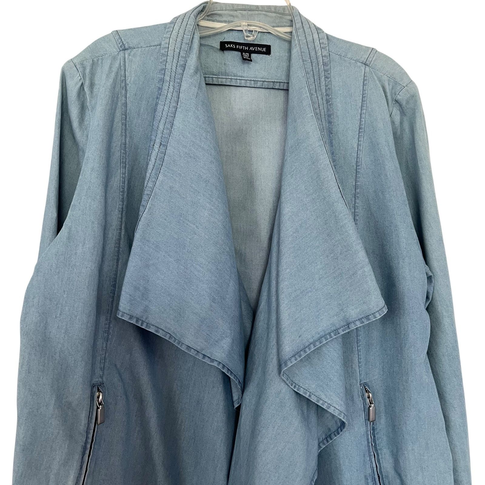 Saks Fifth Avenue Saks Fifth Avenue Blue Chambray Waterfall Open Front Jacket Size XL / US 12-14 / IT 48-50 - 3 Thumbnail