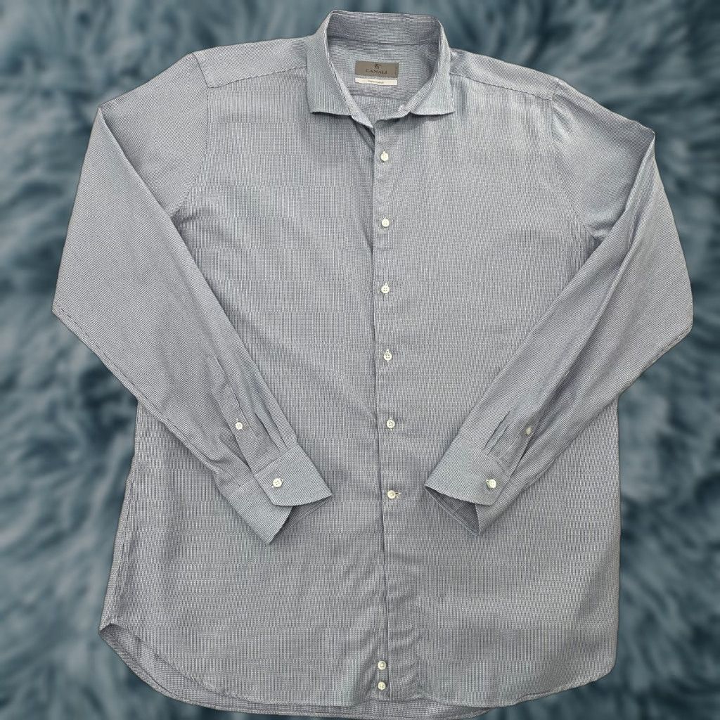 Canali Vintage Canali Mens Dress Shirt Blue Geometric Pattern 17.5/44 Italian Cotton Long Sleeve Size US XL / EU 56 / 4 - 1 Thumbnail