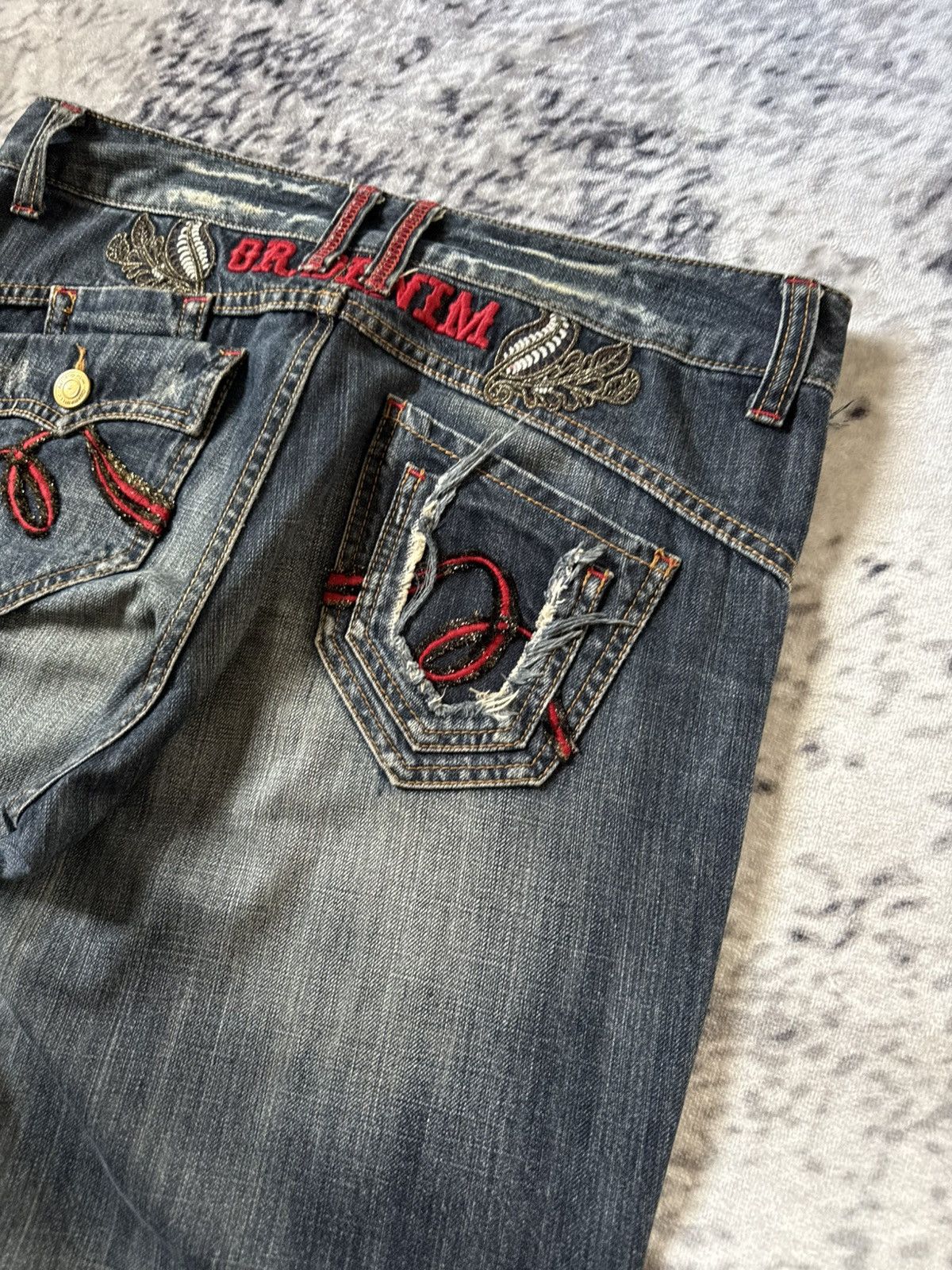 Japanese Brand Oririn Dr Denim Embroidered Flared Wide Leg Jeans Size US 34 / EU 50 - 4 Thumbnail