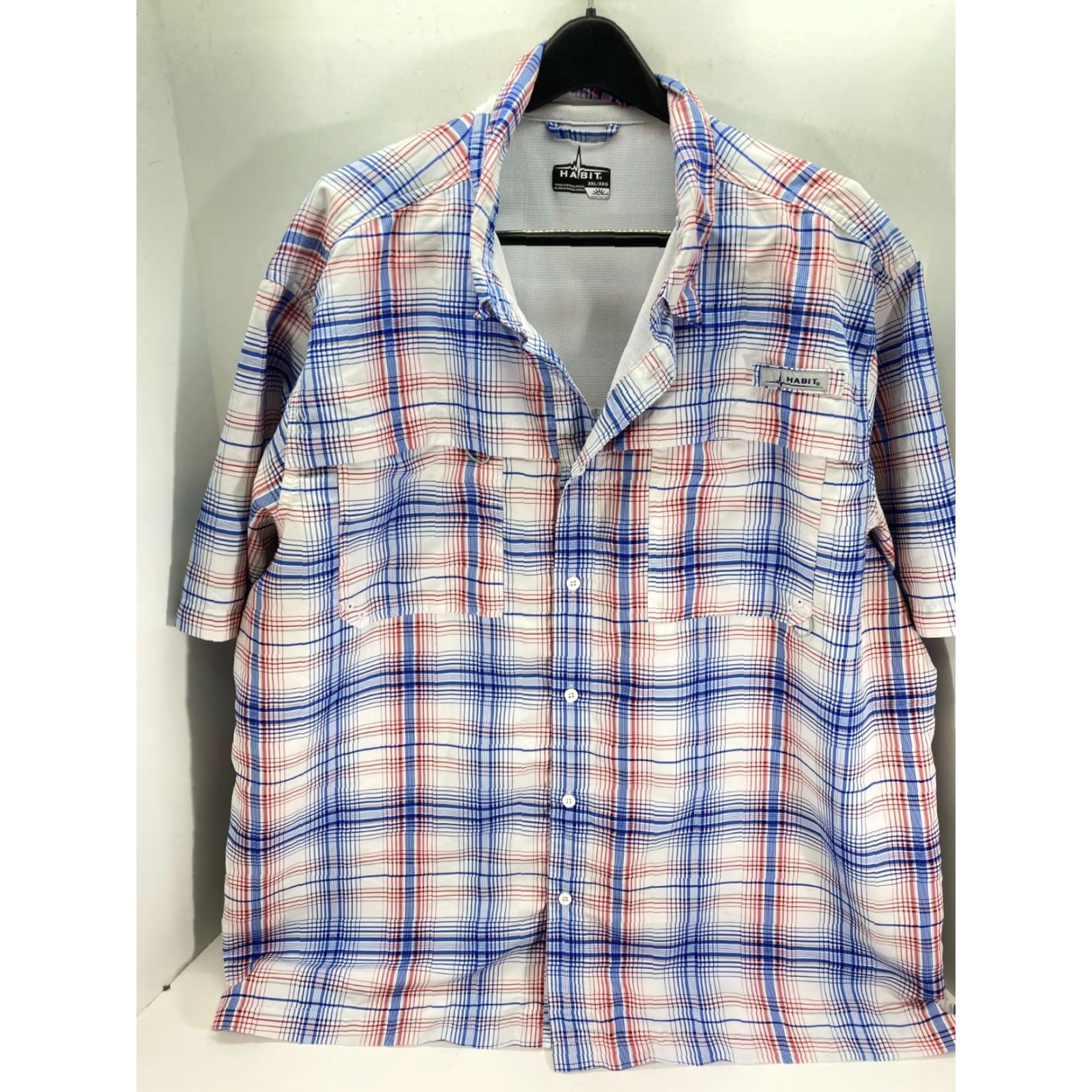 Habitat Habit Button Up Shirt Mens 3XL Blue Red Plaid Lined Hiking Fishing Solar Factor Short Sleeve Pockets Casual Travel UV Protection Outdoor Size US XXL / EU 58 / 5 - 2 Thumbnail