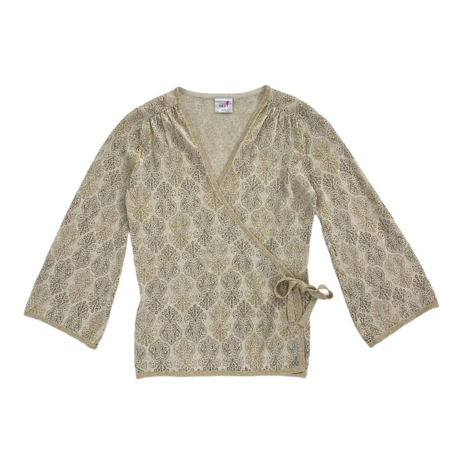 NEXT × Vintage Next 90s Vintage Gold Metallic Floral Wrap Cardigan Sweater Size S / US 4 / IT 40 - 1 Thumbnail