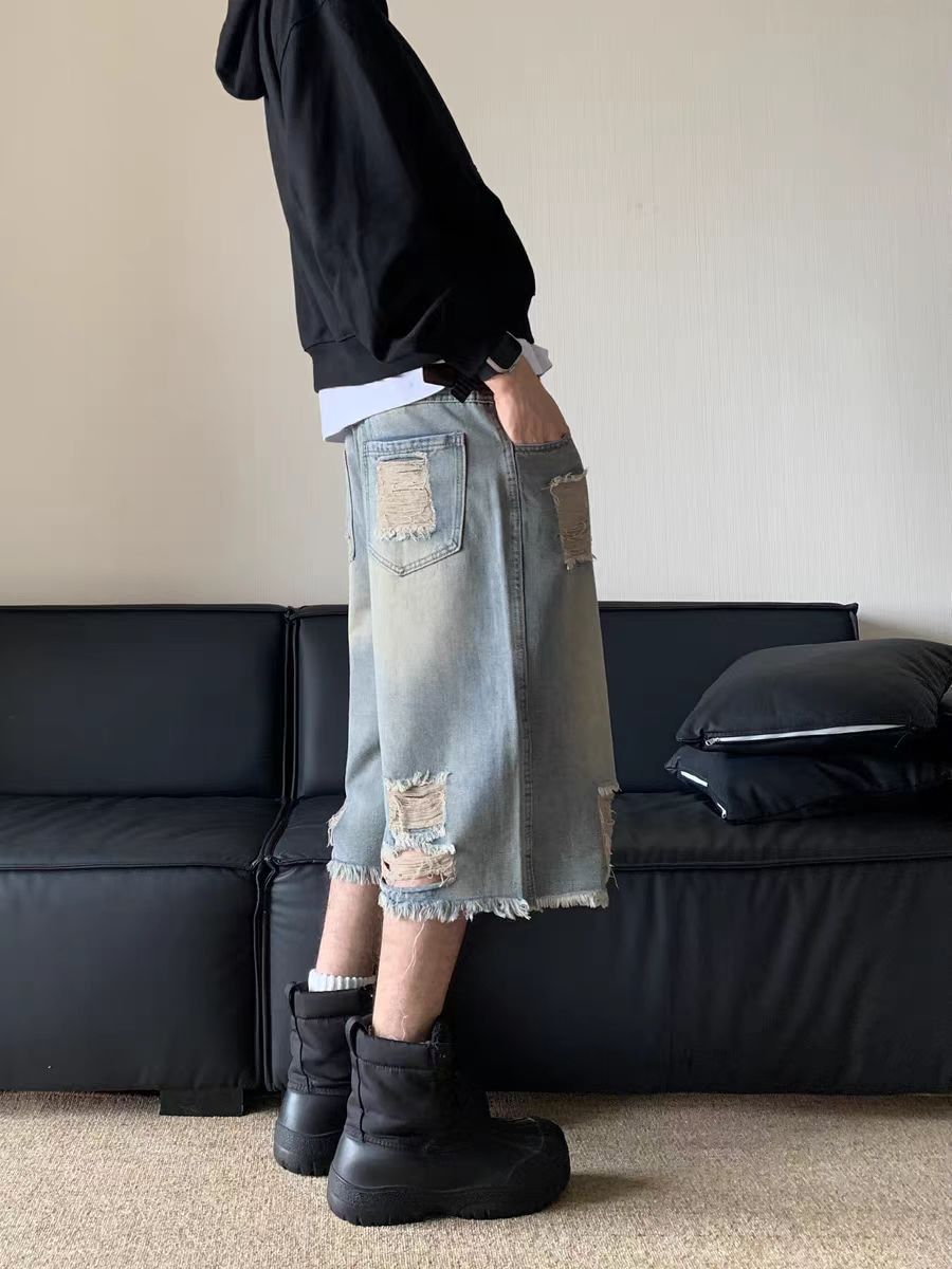 Japanese Brand × Vintage Vintage ripped raw edge washed baggy denim shorts Size US 34 / EU 50 - 4 Thumbnail