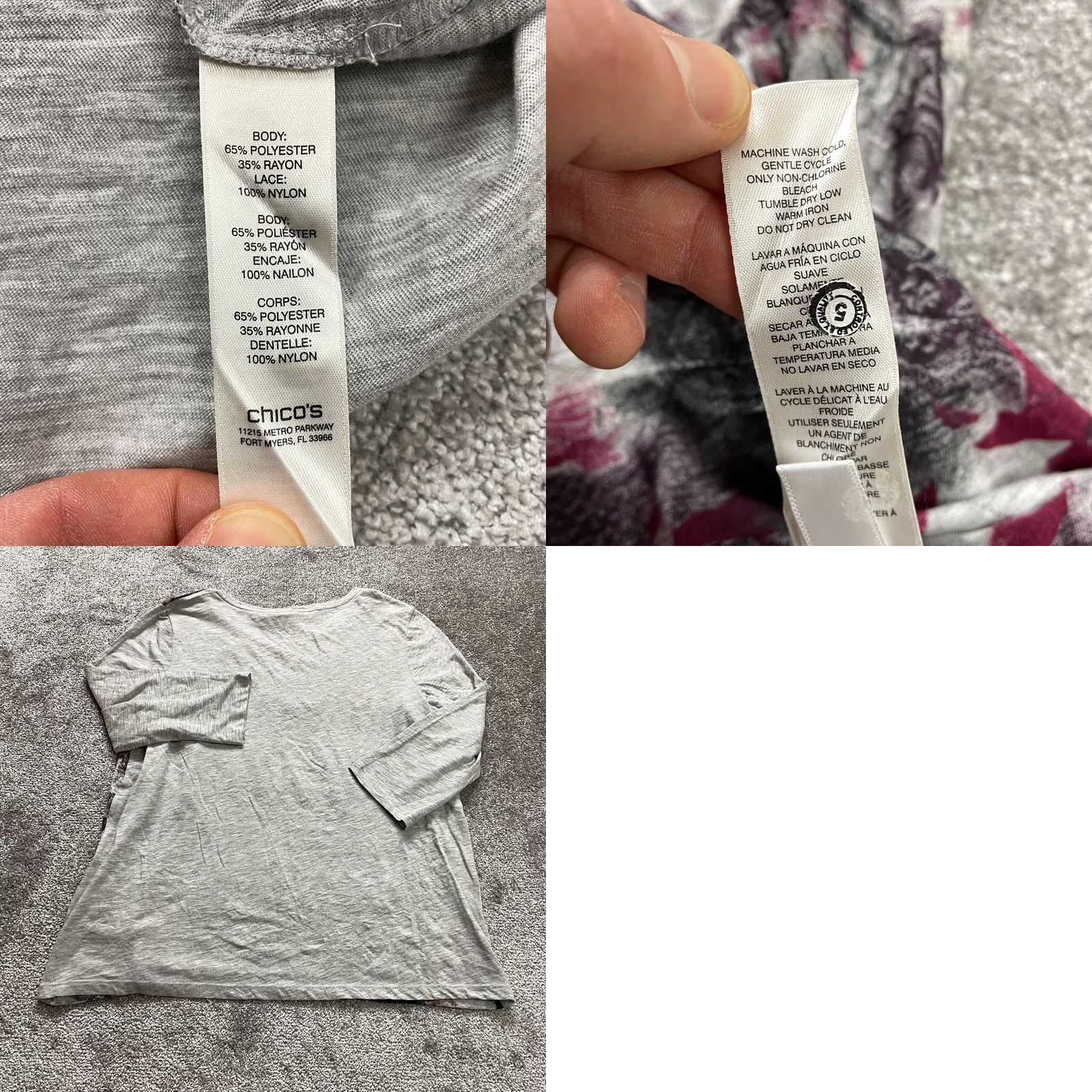 Vintage Chico's Blouse Shirt Womens XL Gray Floral Lace Round Neck Pullover Crochet Casual Business Party/Cocktail Travel All Seasons Size XL / US 12-14 / IT 48-50 - 9 Thumbnail