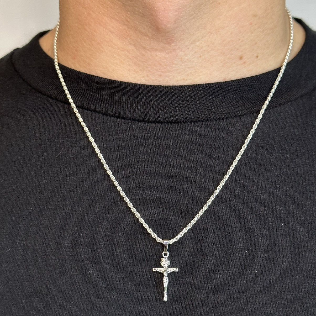 Jewelry Solid .925 Sterling Silver Rope Chain And Cross Set 2mm 20” Size ONE SIZE - 1 Thumbnail