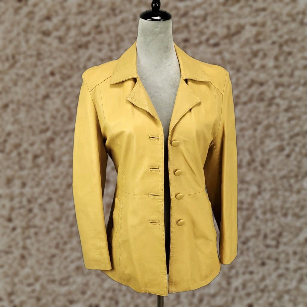Vintage Ponte Vecchio Leather Jacket Womens Small S Tan Yellow Lined Button Up Mid-Length Long Sleeve Jacket Casual Basic 90s Classic Designer Italian French? Size S / US 4 / IT 40 - 1 Thumbnail