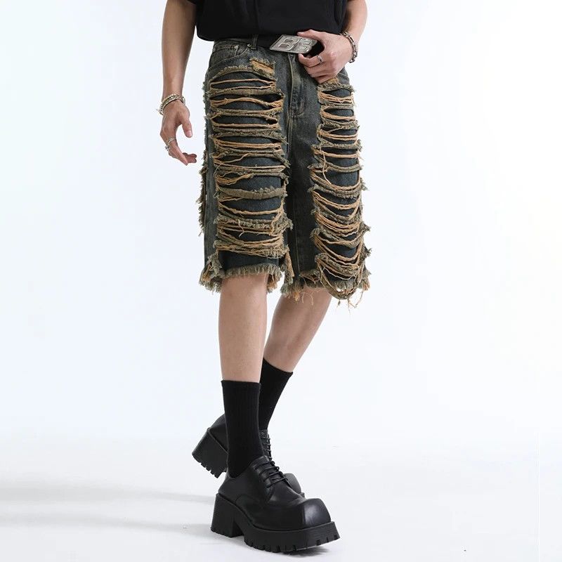 Japanese Brand Niche Tassel Frayed Torn Design Y2K Shorts Jorts Denim Size US 33 - 2 Thumbnail