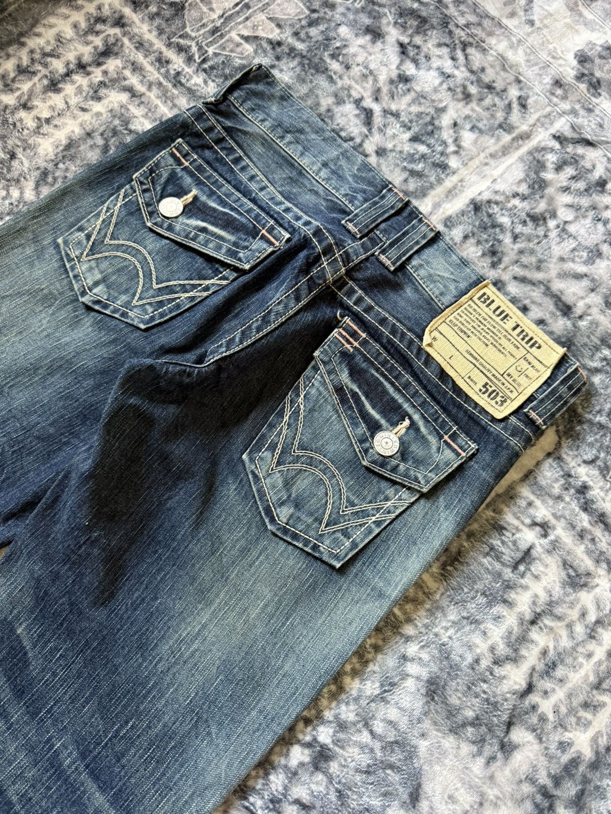 Edwin × Japanese Brand × Vintage Edwin 503 Blue Trip Flared Wide Leg Cropped Jeans Size 30" / US 8 / IT 44 - 14 Thumbnail