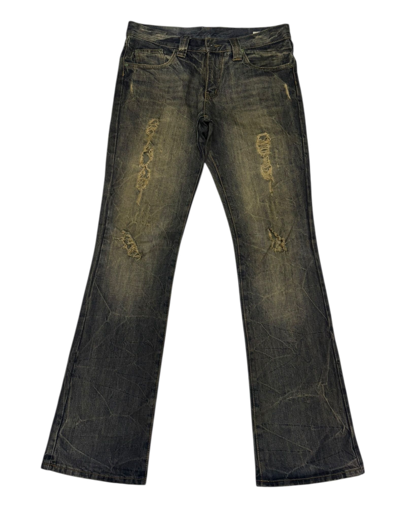 14th Addiction × KMRii × semanticdesign SEMANTIC DESIGN RUSTY MUD WASH FLARE JEAN DISTRESSED DENIM Size US 33 - 8 Thumbnail