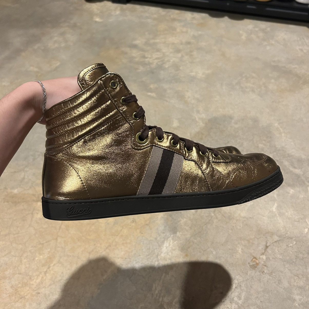 Designer × Gucci Gucci Nappa Silk Metallic Gold Web Stripe High Top Sneakers Size US 13 / EU 46 - 8 Thumbnail