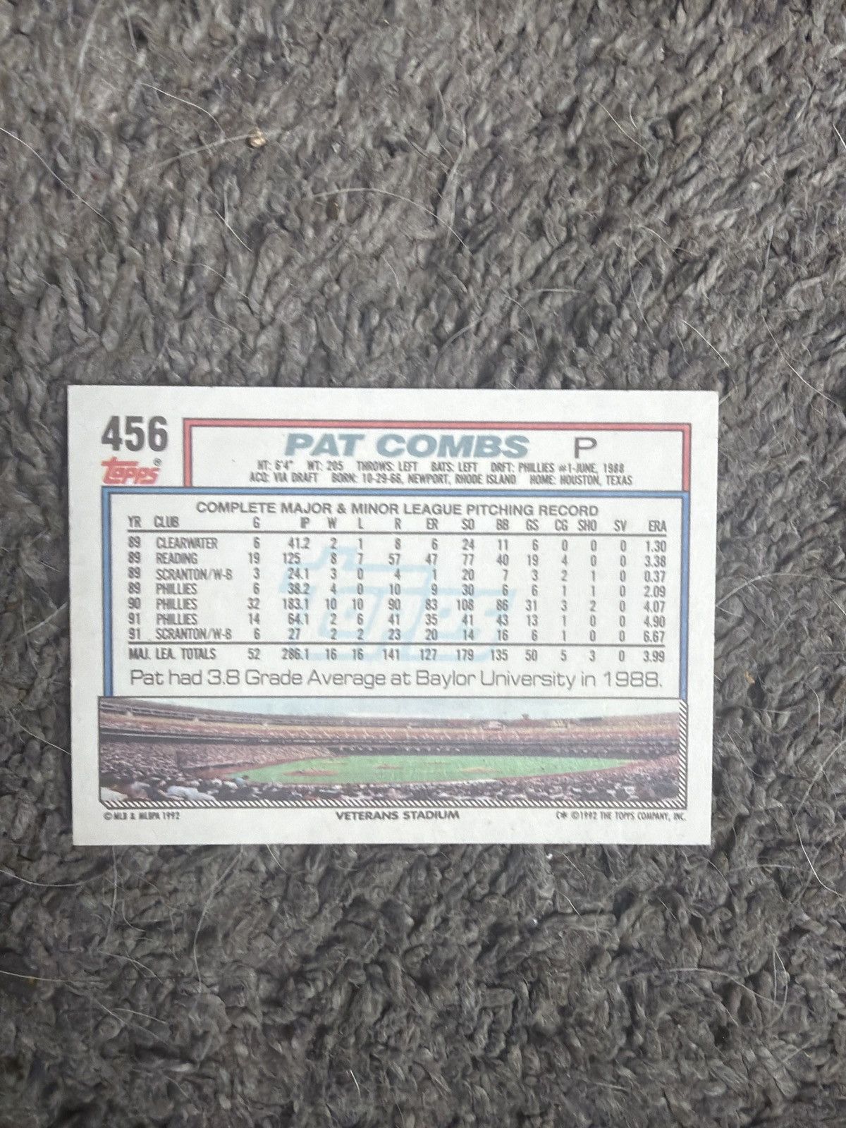 MLB 1992 Topps #456 Pat Combs Card Size ONE SIZE - 2 Thumbnail