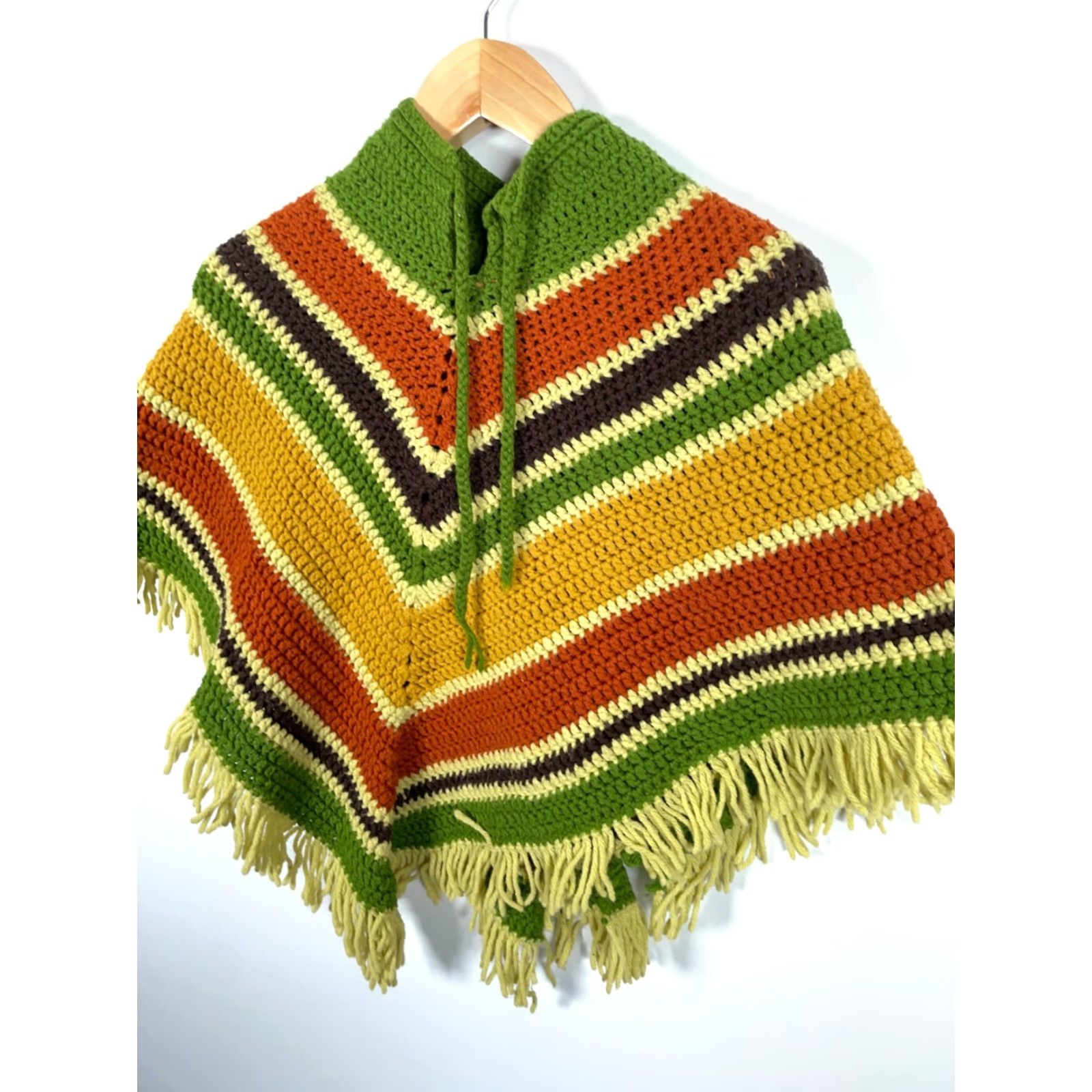 Vintage VINTAGE Handmade Crochet Poncho Women's OS Green Orange Yellow Fringe Grandma Shawl 70s Size ONE SIZE - 7 Thumbnail