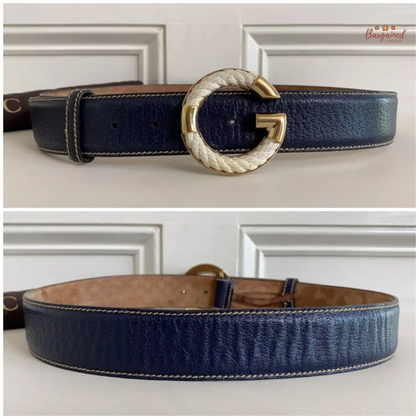Gucci GUCCI Navy Calfskin Leather Gold Braided G Logo Buckle Belt Size 32 - 9 Thumbnail
