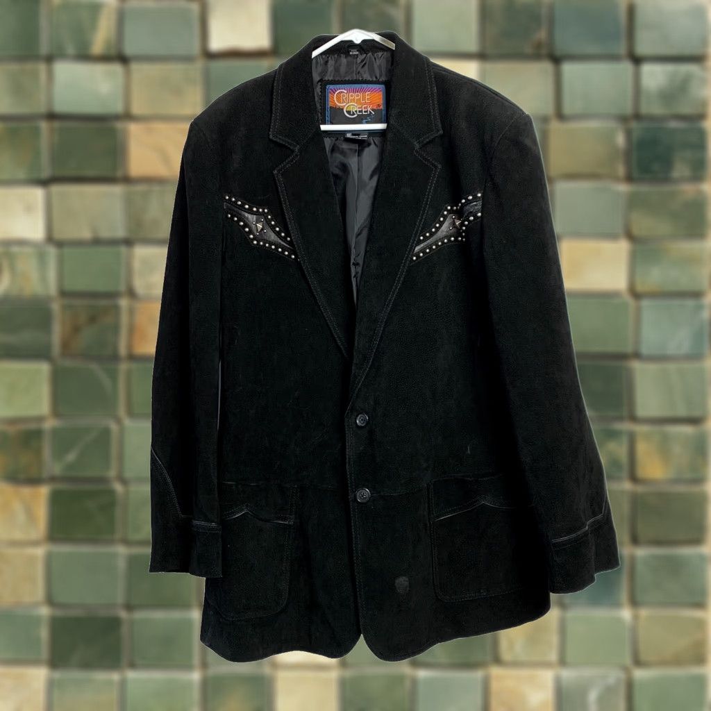 Vintage VINTAGE Cripple Creek Suede Studded Blazer Sport Jacket Mens 2XL Black 1990s Rockabilly Leather Formal Read Flawed Size 48R - 1 Thumbnail
