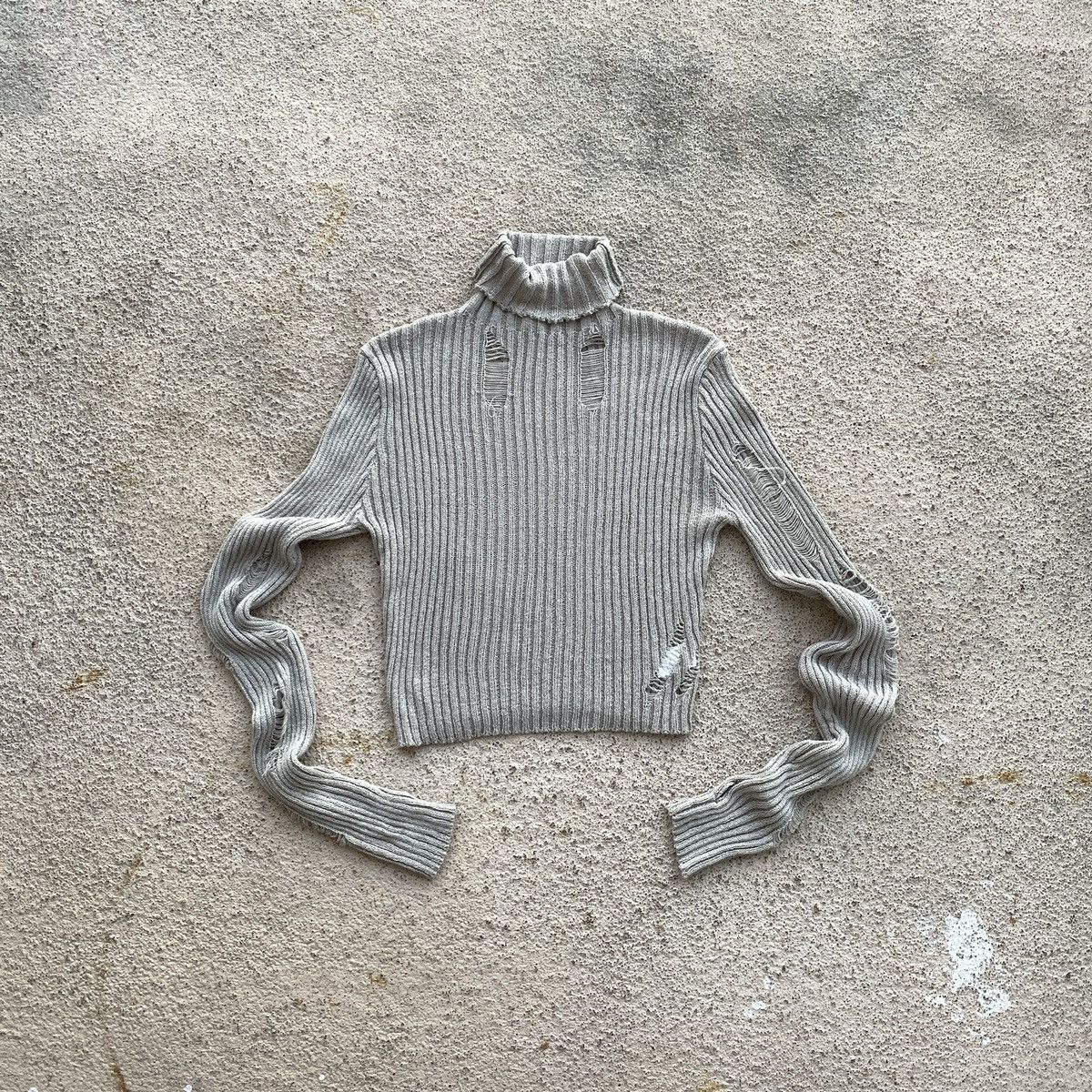 00s Japan Rick Owens Vibe Distressed Web Knit Ribbed Sweater