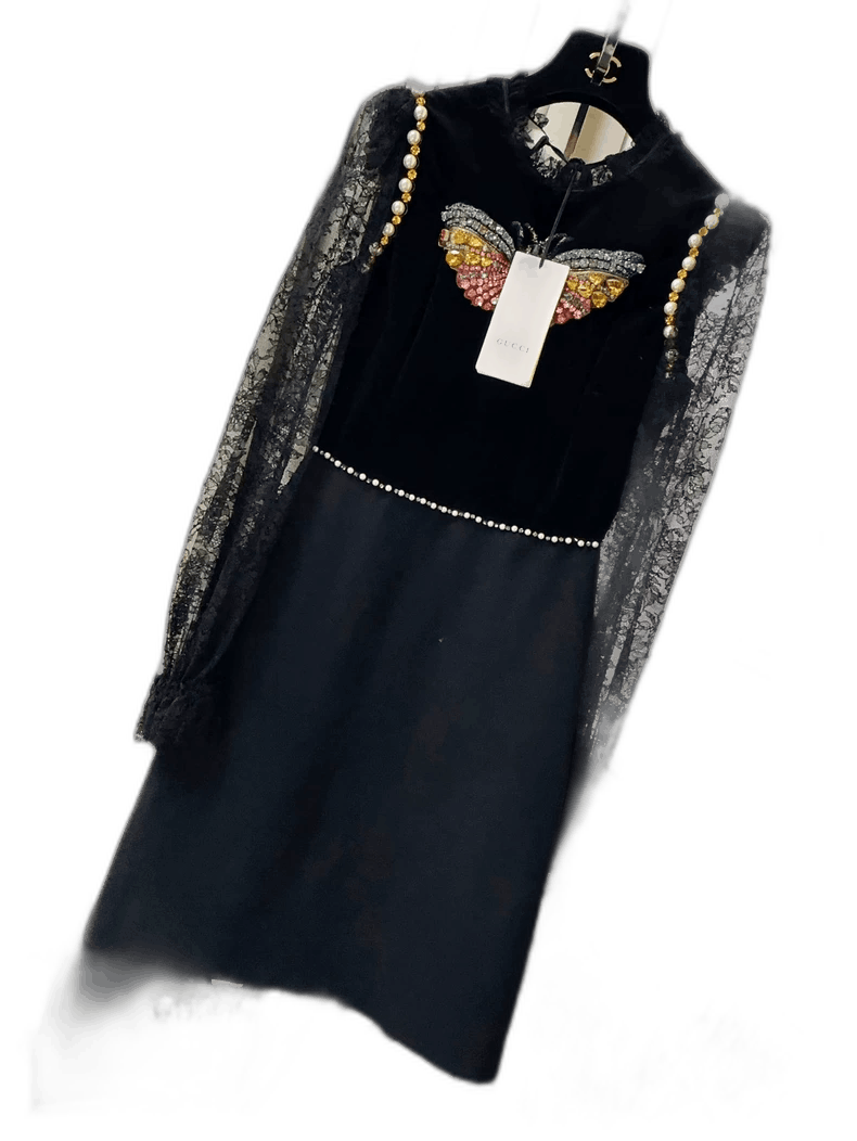 Black Lace Velvet Bow Tie Dress