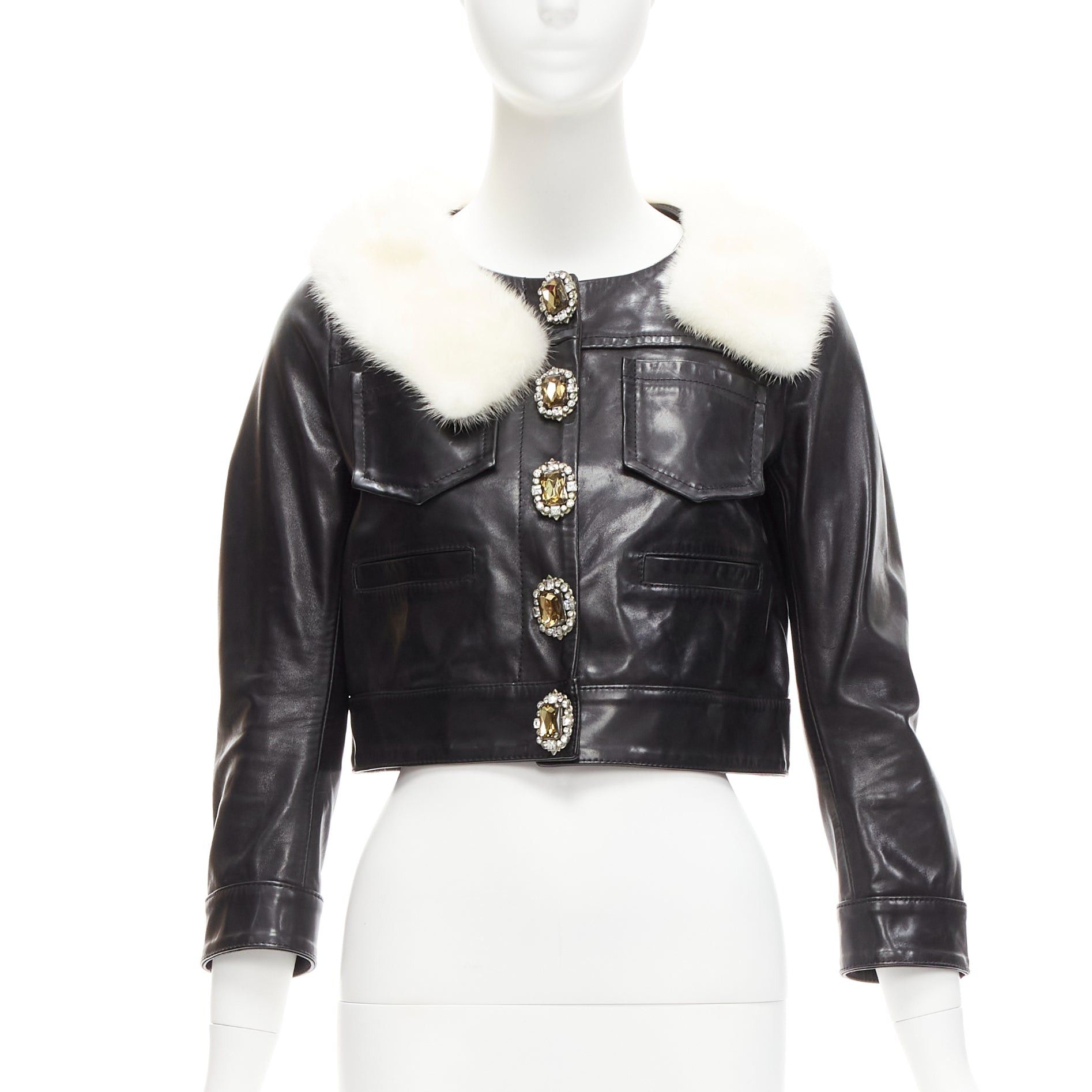 Dsquared2 rare DSQUARED2 asymmetric fur collar jewel button cropped leather jacket IT40 S Size S / US 4 / IT 40 - 1 Thumbnail