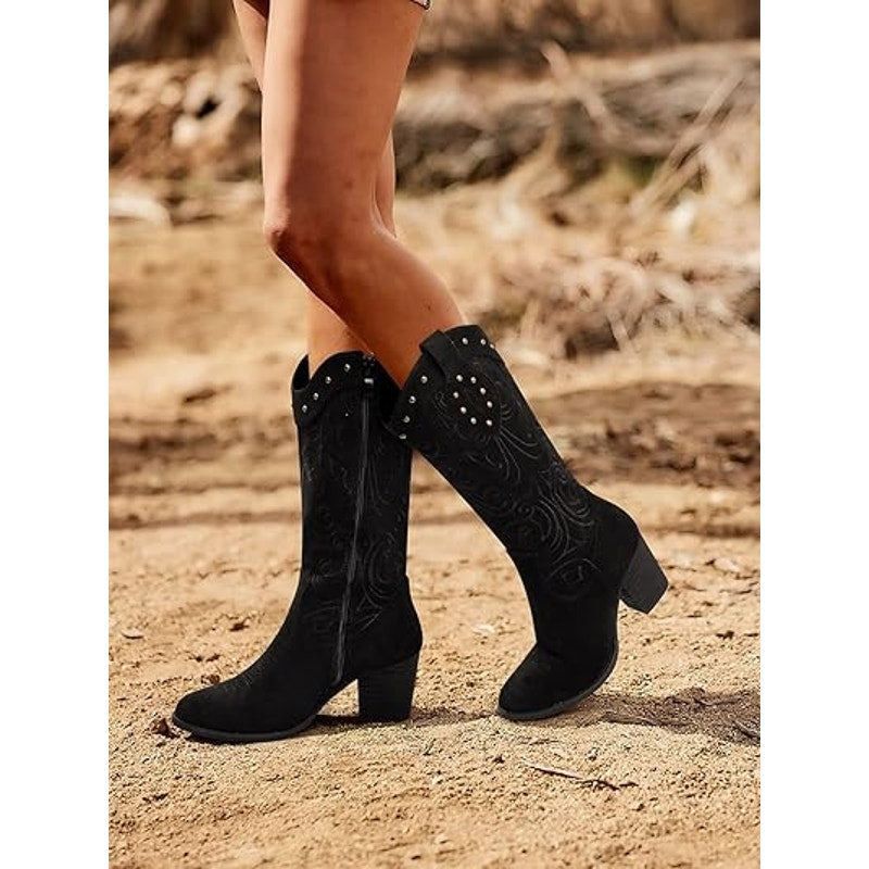 Other Shibever Women's 7.5 Black Faux Suede Zip Up Cowboy Boots Size US 7.5 / IT 37.5 - 5 Thumbnail