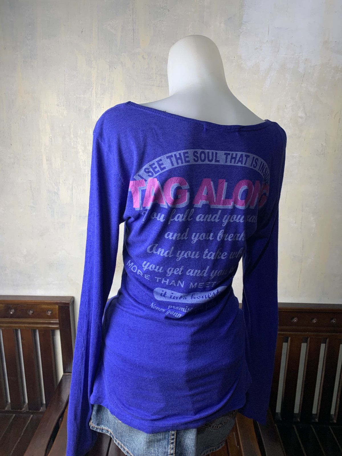 Japanese Brand y2k Ozoc Japan Blue Poem Graphic Wide Neck Longsleeve Top Size M / US 6-8 / IT 42-44 - 3 Thumbnail