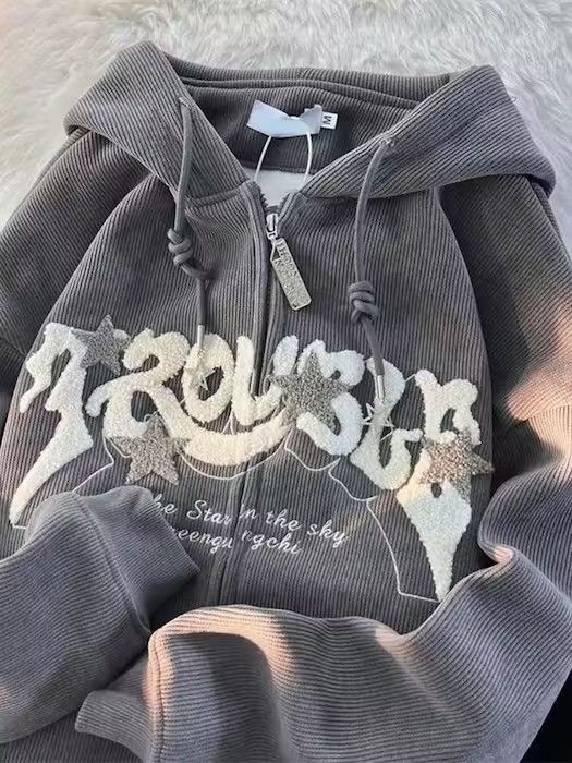 Image of Vintage Letter Embroidery Hoodies in Grey, Men's (Size XL)