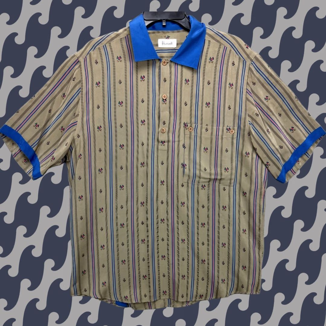 Harrods Shirt M Brown Silk Knit 1/4 Button Short Sleeve Logos Aop Men's, Men's