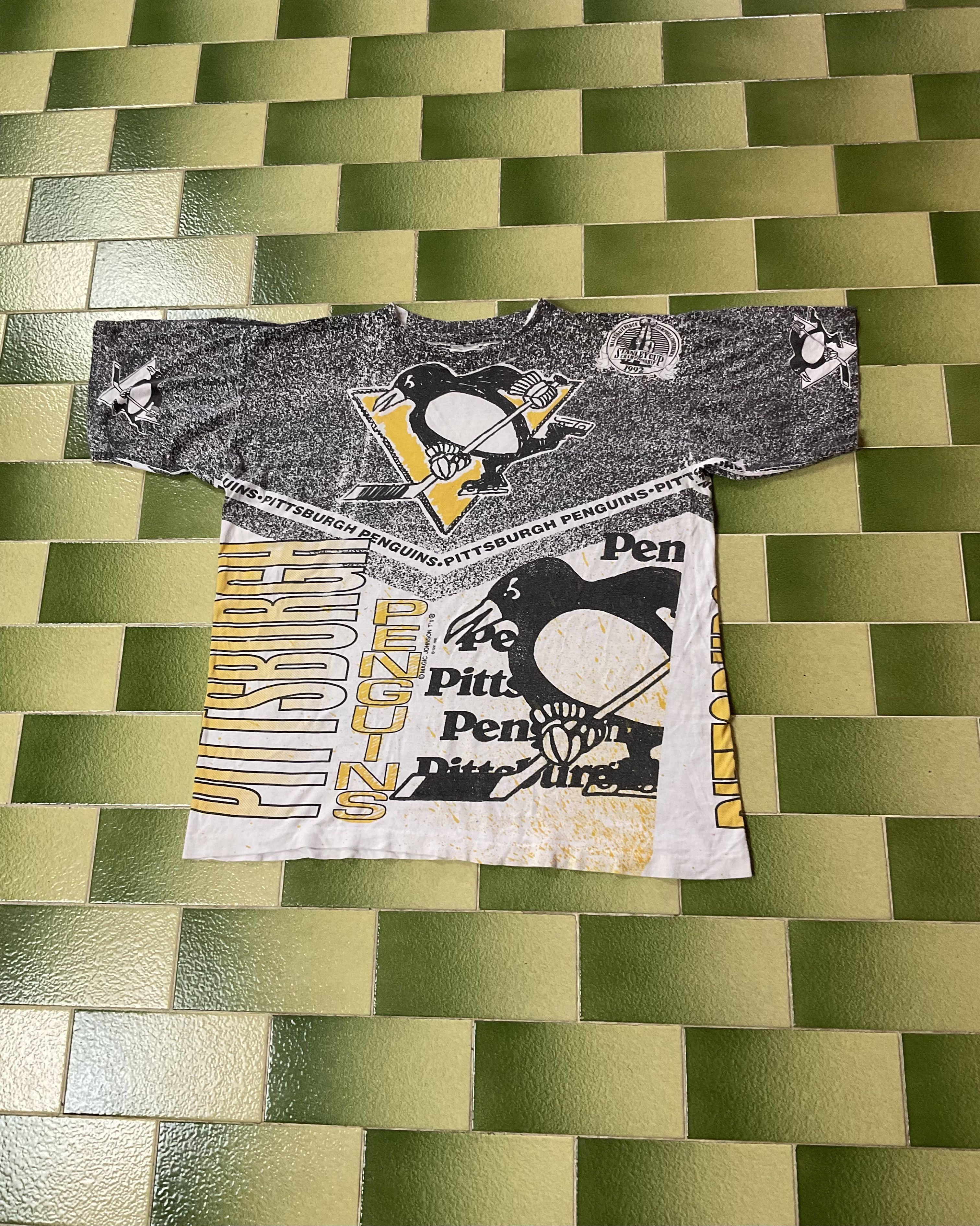 Vintage 1991 NHL Pittsburgh Penguins All Over Print T-Shirt