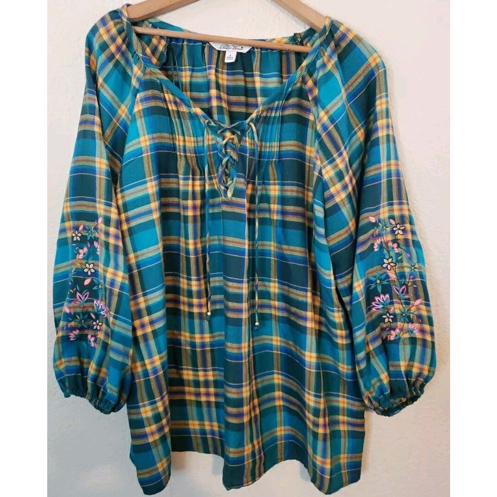 Other The Pioneer Woman Large Blue Plaid Floral Embroidery Top Size L / US 10 / IT 46 - 1 Thumbnail