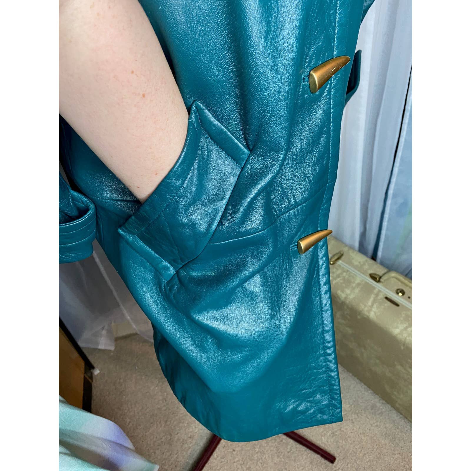 Vintage leather Jacket coat Jaqueline Ferrar teal green blue gold Size US M / EU 48-50 / 2 - 6 Thumbnail