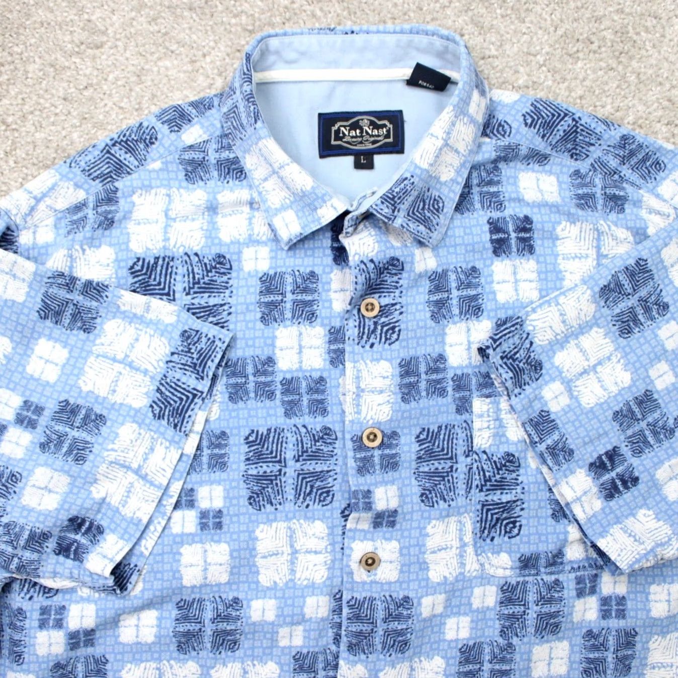Nat Nast Nat Nast Shirt Mens Large Blue Geometric Silk/Cotton Button-Up Short Sleeve Everyday Wear Mens Large Blue Geometric Silk/Cotton Button-Up Size US L / EU 52-54 / 3 - 2 Thumbnail