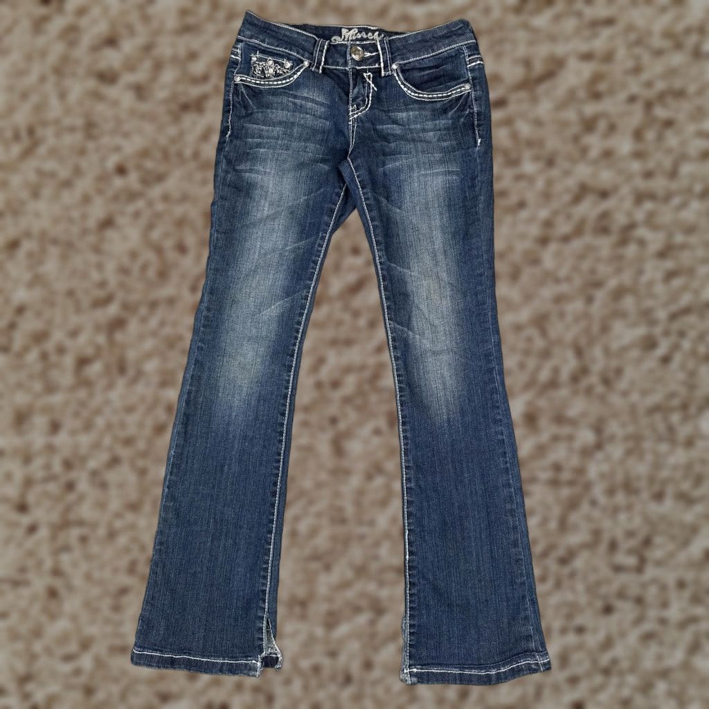 Vintage Miss Chic Icon Jeans Bootcut Juniors 7 Blue Medium Wash Mid Rise Rhinestone 26x30 Jeans Womens Retro USA Size 28" / US 6 / IT 42 - 1 Thumbnail