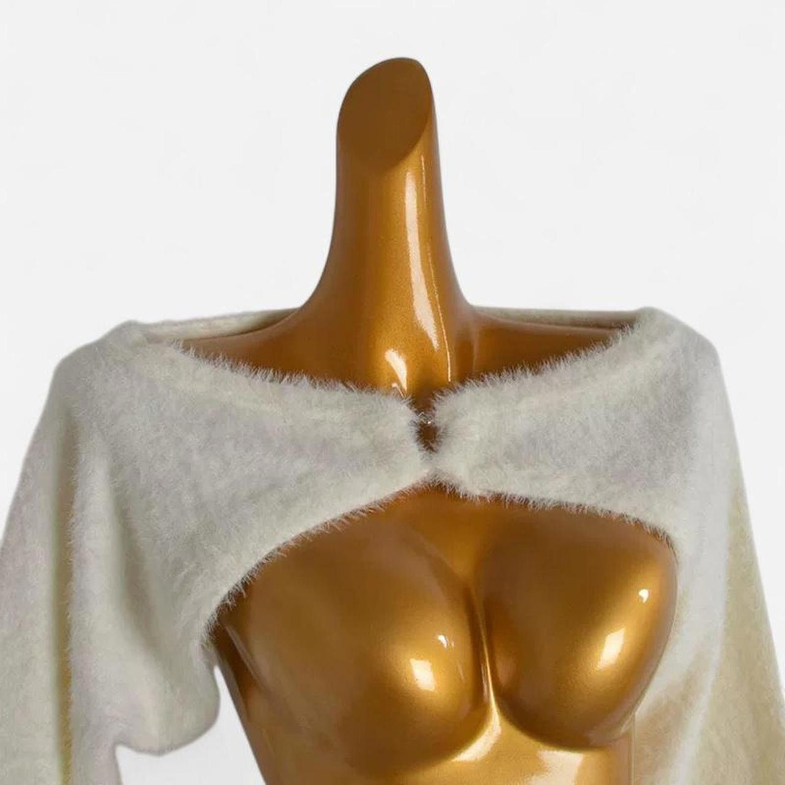 Japanese Brand Deadstock Cream and White Fuzzy Knitted Bolero US4 Size S / US 4 / IT 40 - 2 Thumbnail