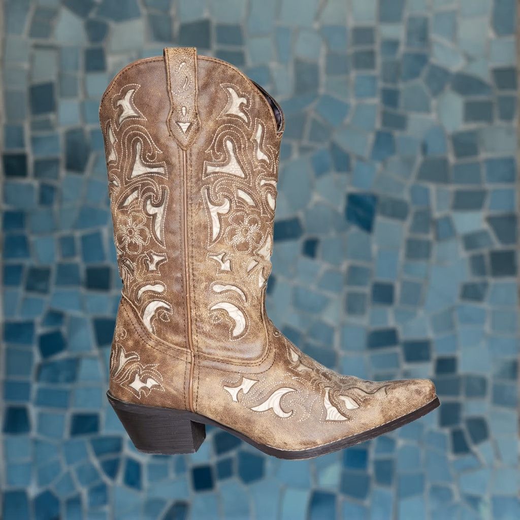 Vintage Laredo Sharona Tan Crackle Sanded Goat Boots Bone Underlay Floral Embroidery 52041 Women's US 10 M Size US 10 / IT 40 - 1 Thumbnail
