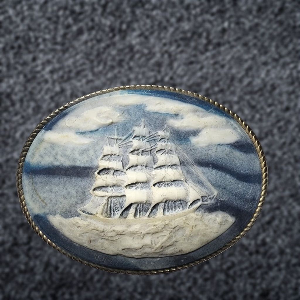 Vintage VINTAGE 1970s TALL SAILING SHIP INCOLAY STONE ART BELT & BUCKLE Size ONE SIZE - 1 Thumbnail