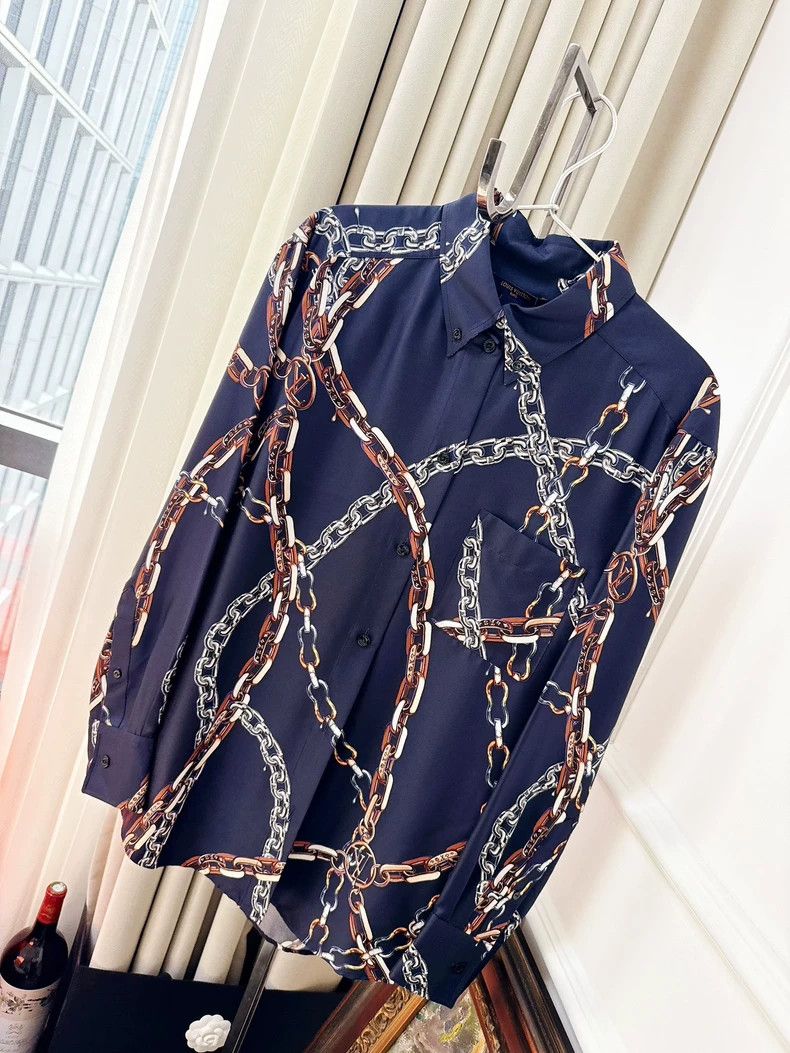 Louis Vuitton Blue Silk Shirt with Chain Pattern- DMC Size US S / EU 44-46 / 1 - 1 Thumbnail