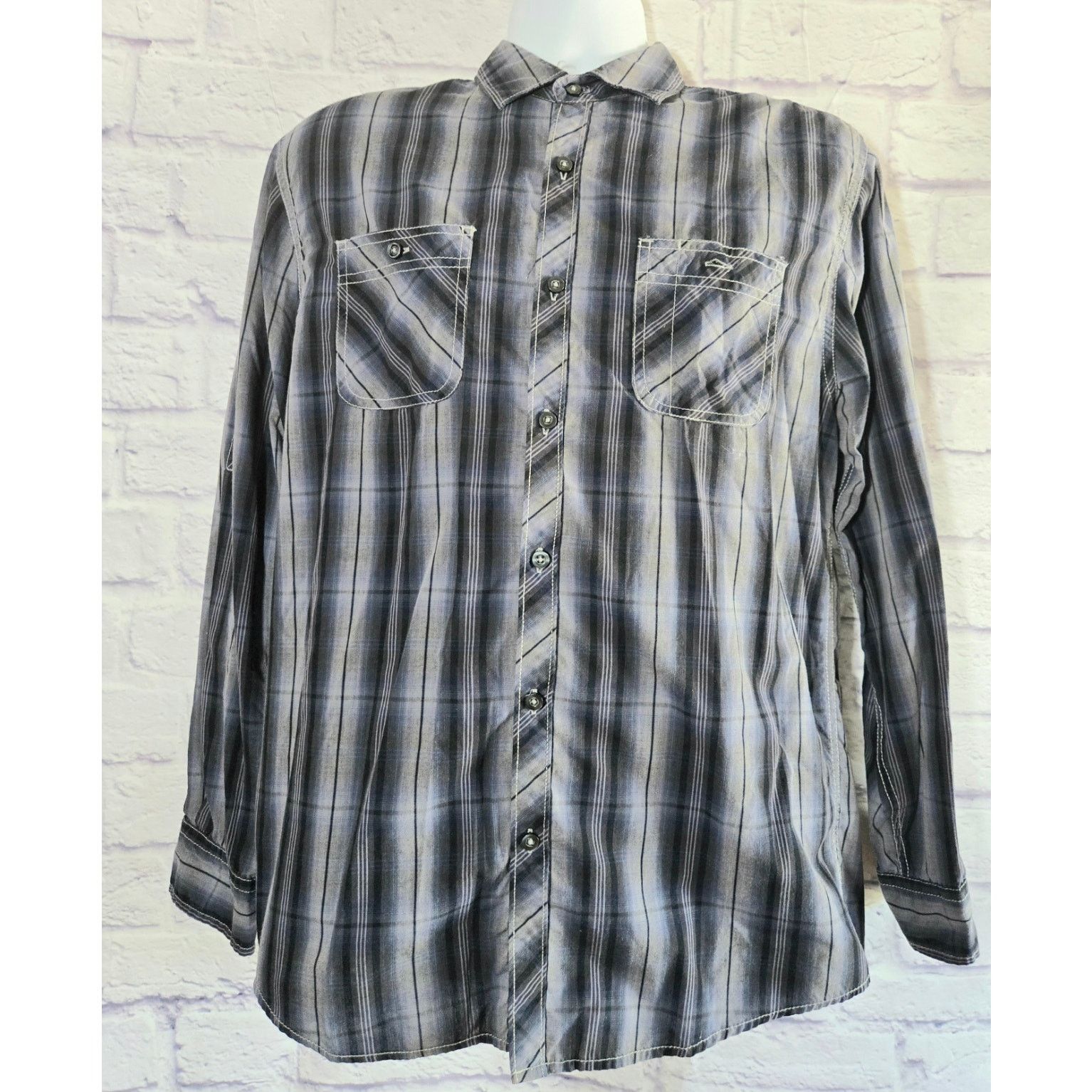 Other Michael Brandon Gray Blue Stripe Button Roll Tab Shirt Med Size US M / EU 48-50 / 2 - 1 Thumbnail