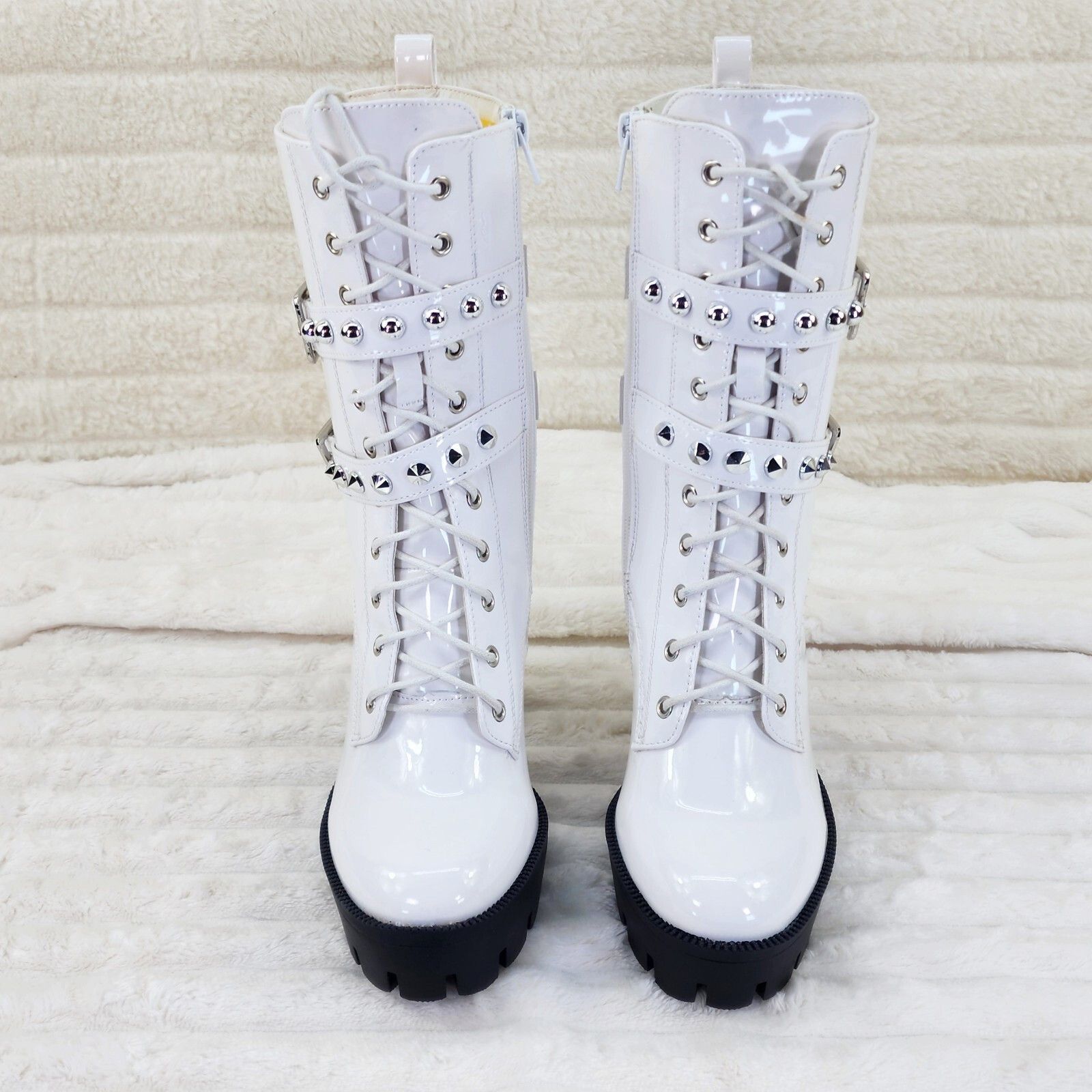 Other Bright White Patent Lug Sole Studded Strap Ankle Boots Tempt Size US 7.5 / IT 37.5 - 3 Thumbnail
