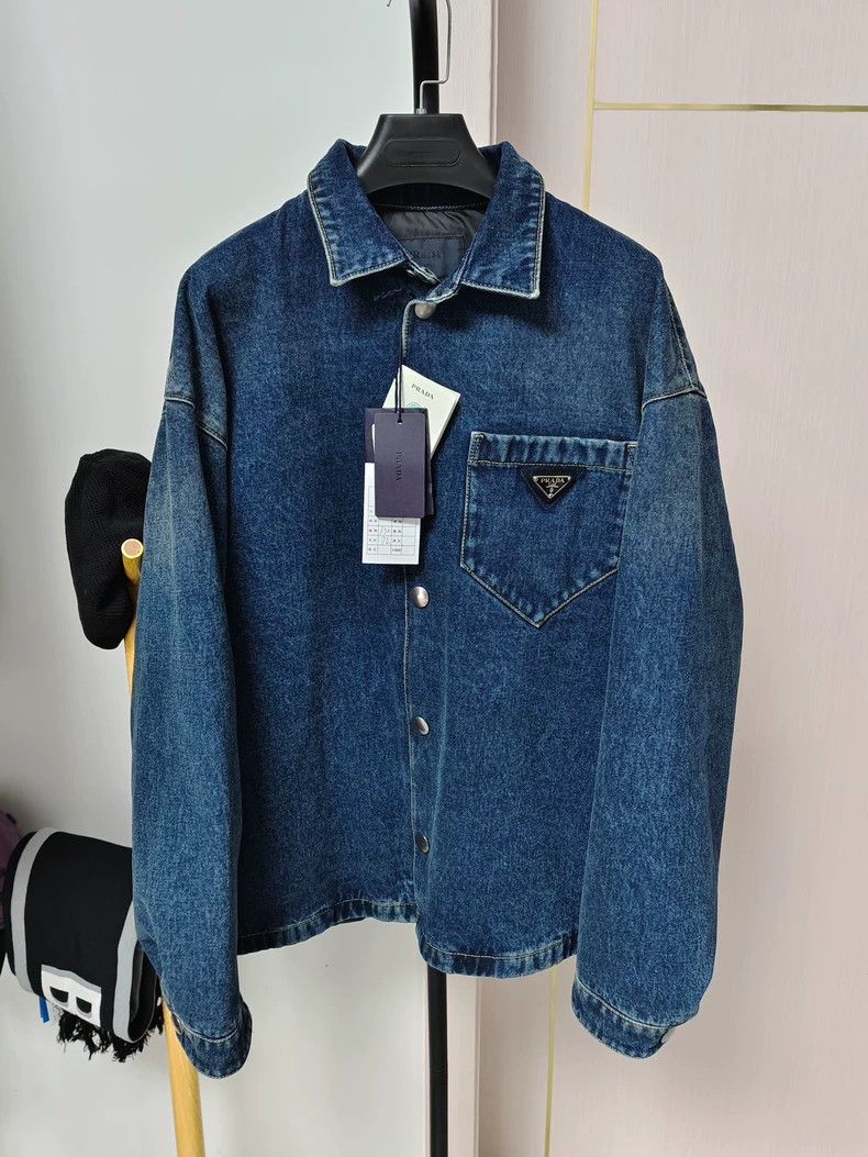 Prada PradaSS23 solid color lapel single-breasted denim jacket 25 Size US L / EU 52-54 / 3 - 1 Thumbnail
