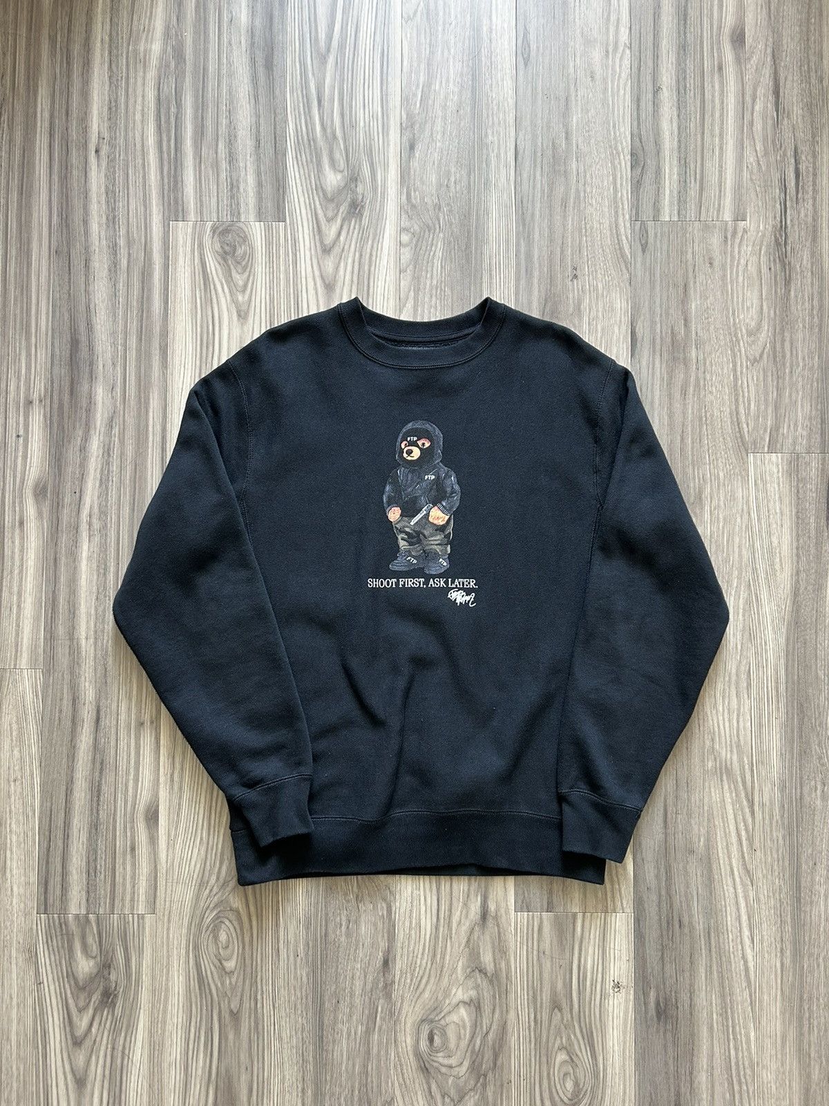 image of Fuck The Population Ftp Bear Crewneck in Black, Men's (Size Medium)