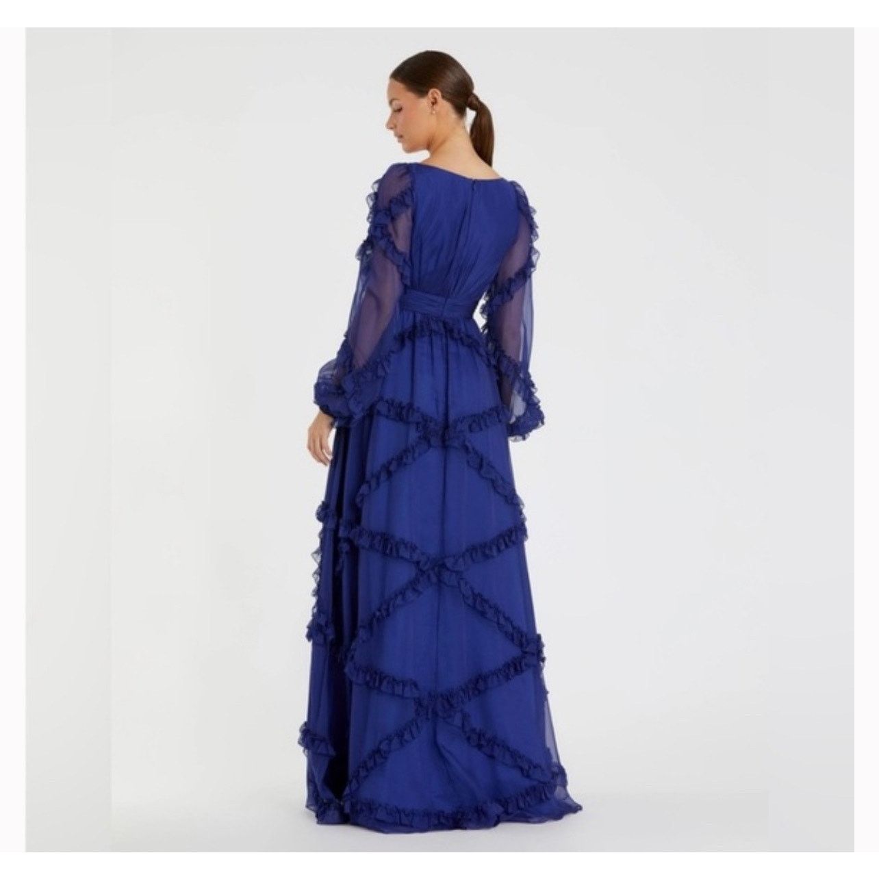 Other New Mac Duggal Blue Cascade Ruffle Puff Sleeve A Line Gown Size XL / US 12-14 / IT 48-50 - 2 Thumbnail