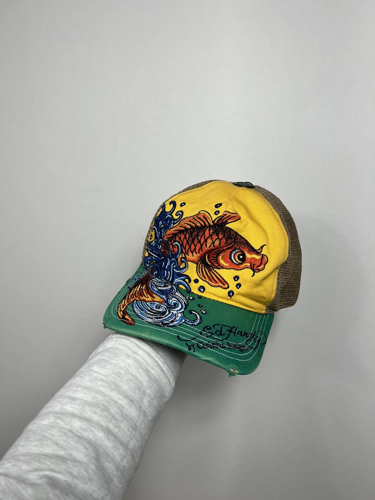 Rare Ed Hardy Embroidered Carp Distressed Cap