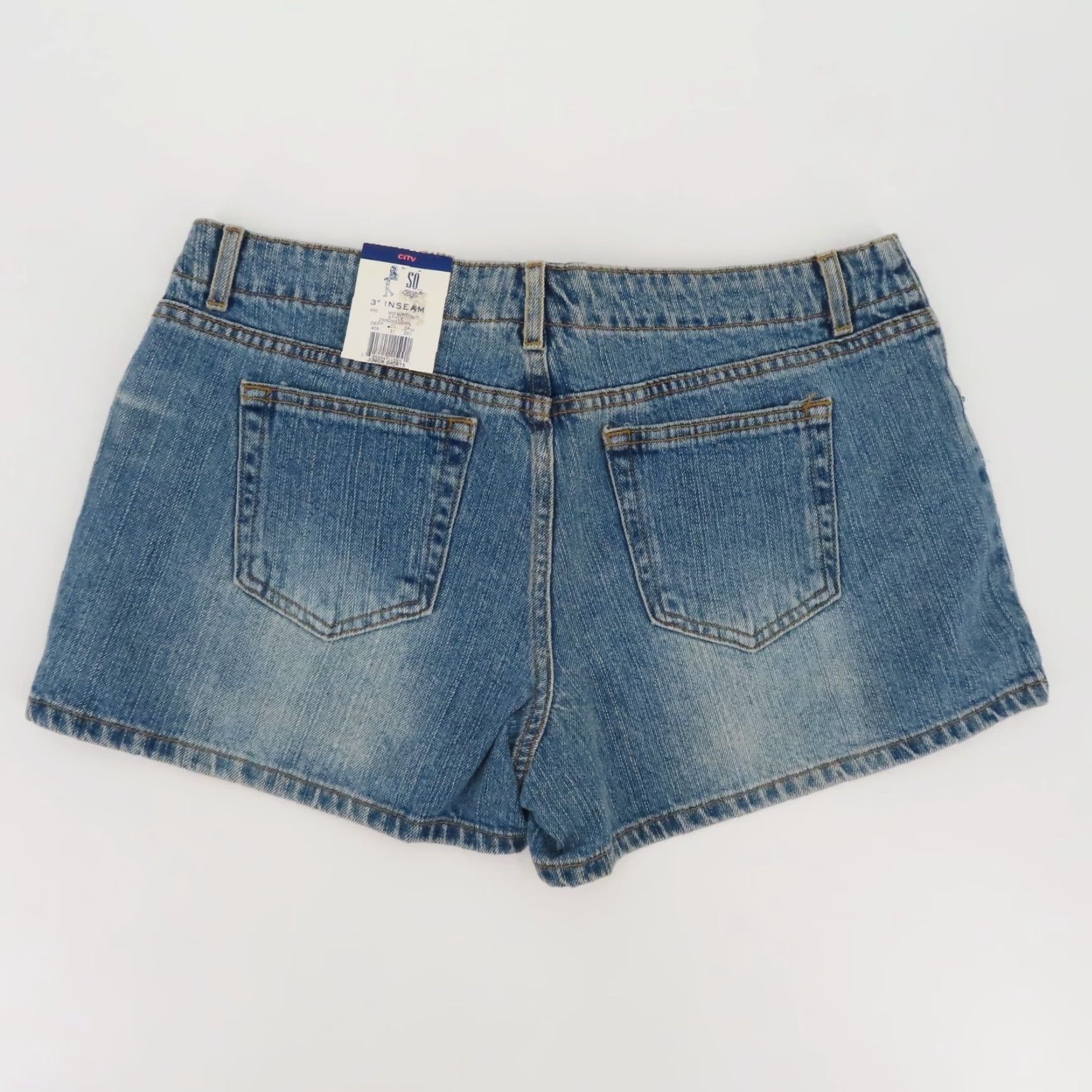 Denime VINTAGE SO Juniors 11 No Waist Blue Denim City Shorts 3in Inseam Whiskered NEW Jeans Hot Pants Girls Size 32" / US 10 / IT 46 - 6 Thumbnail