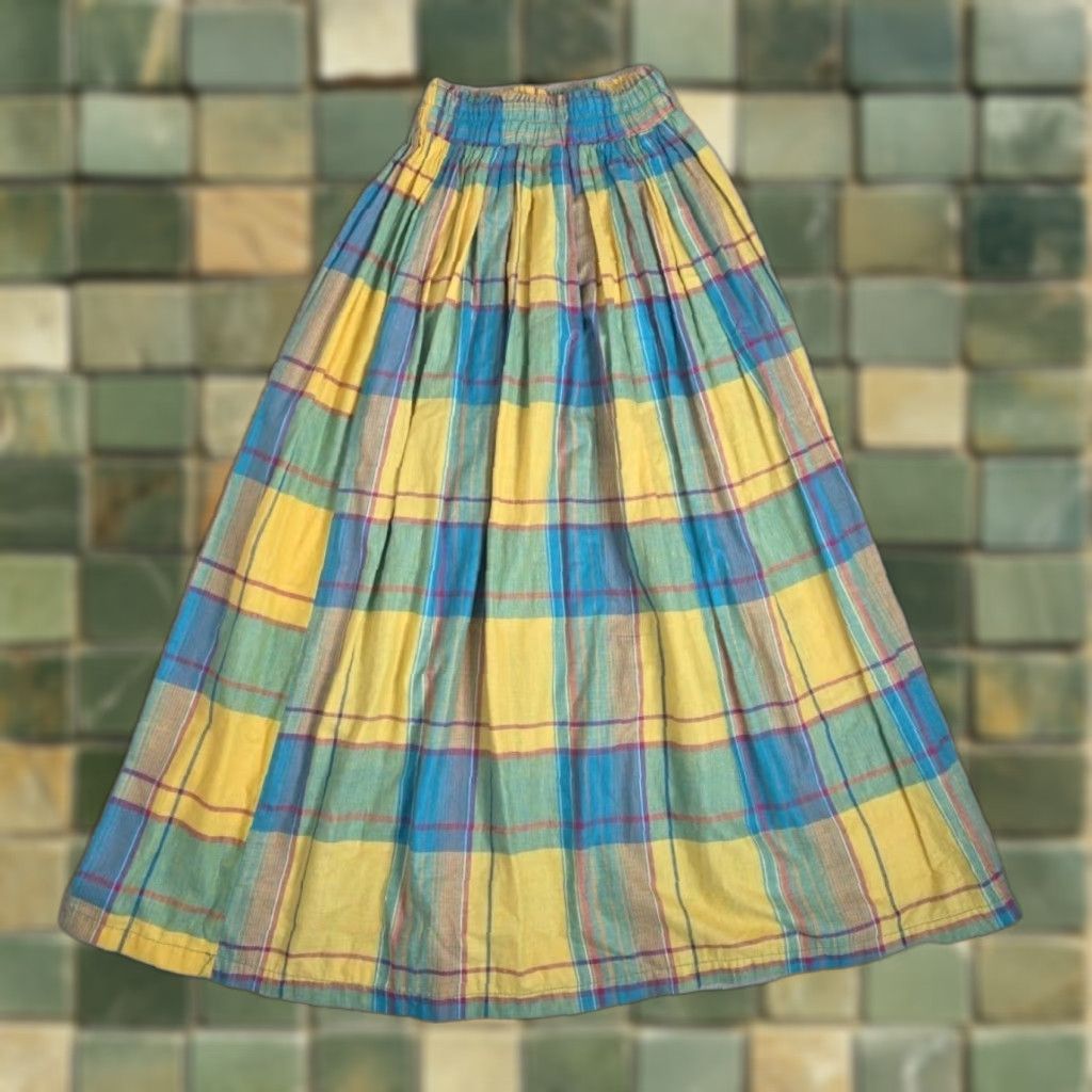 Vintage VINTAGE Pleated Plaid Midi Aline Skirt Cotton Womens XS Yellow Blue Swing 50s 60s Size 26" / US 2 / IT 38 - 1 Thumbnail