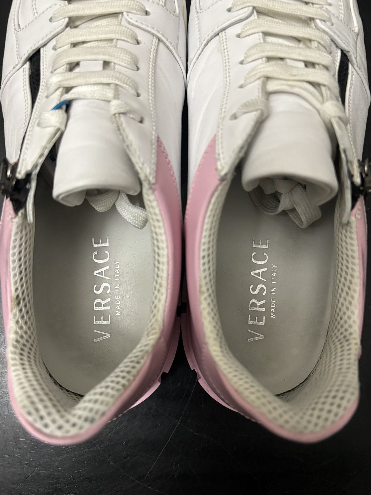 Versace Versace Greca Leather Zip Sneakers White Pink Size US 12 / EU 45 - 7 Thumbnail