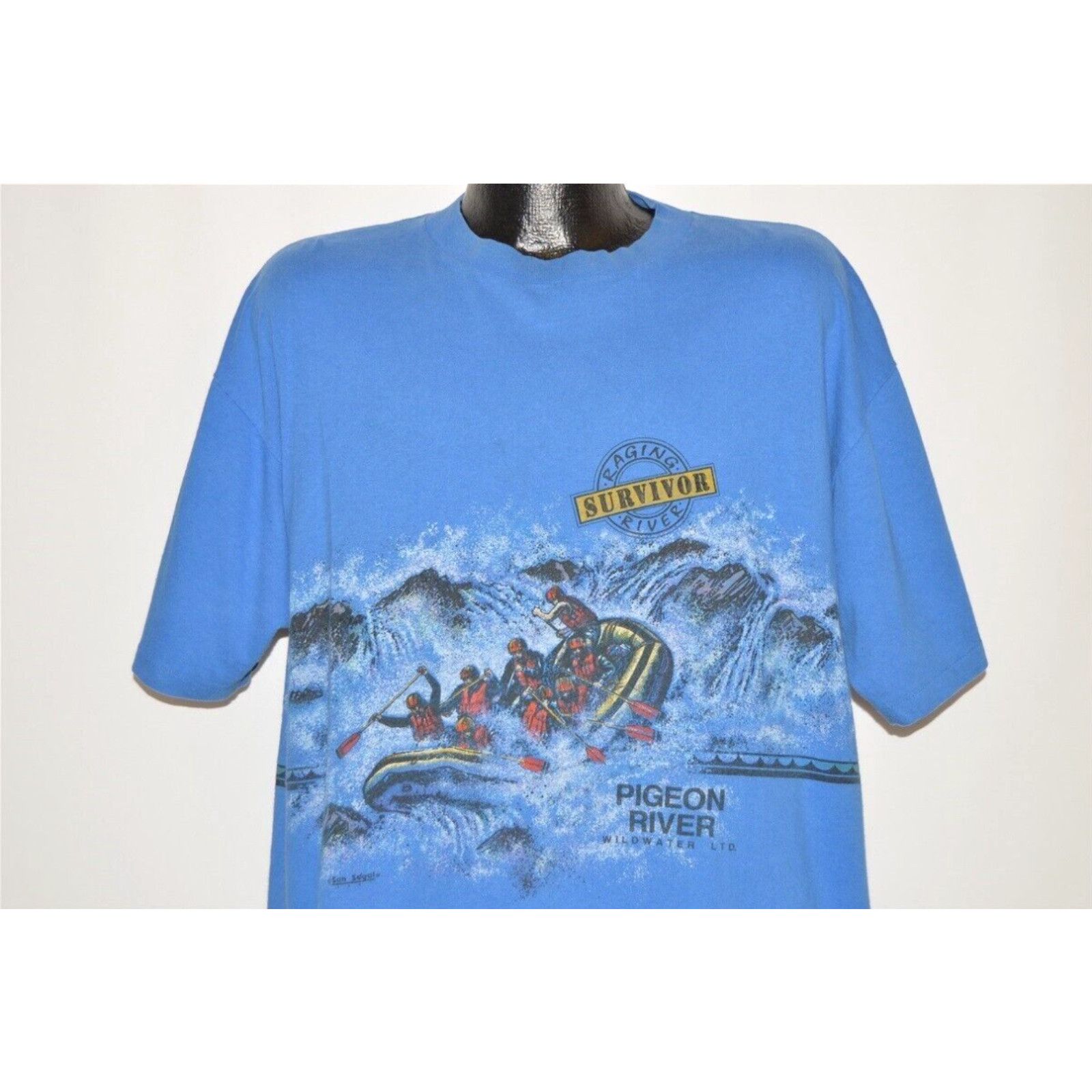 image of Vintage VTG 90's Raging River Survivor Pigeon Wildwater White Water Rafting T-Shirt (Size 2XL)