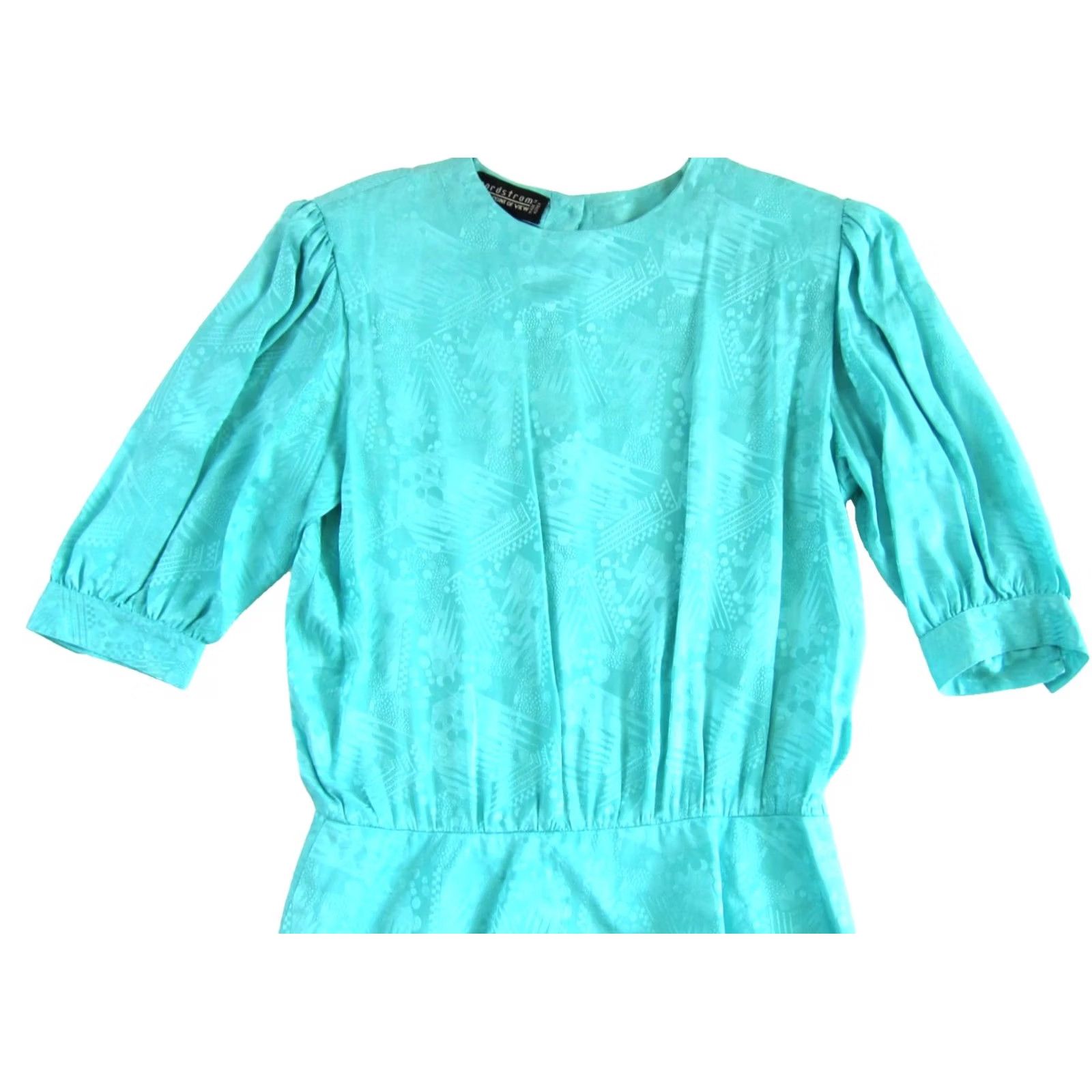 Nordstrom VINTAGE Nordstrom Point of View 100% Silk Teal Blue Short Sleeve Pleat Midi Dress 14 Size 36" / US 14 / IT 50 - 4 Thumbnail