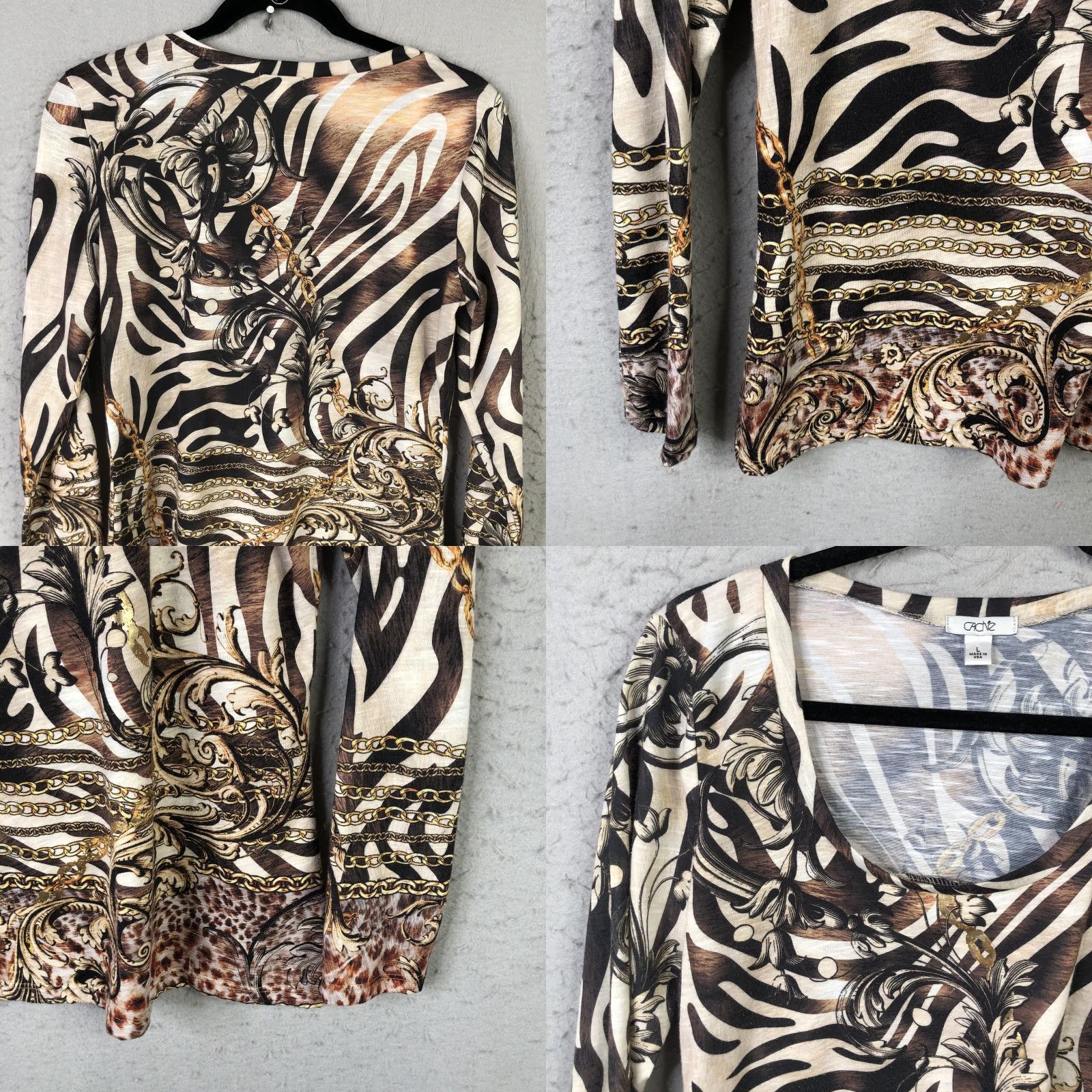Vintage Cache Womens Large Brown Animal Print Scoop Neck Long Sleeve T-Shirt Jersey Print Size L / US 10 / IT 46 - 8 Thumbnail
