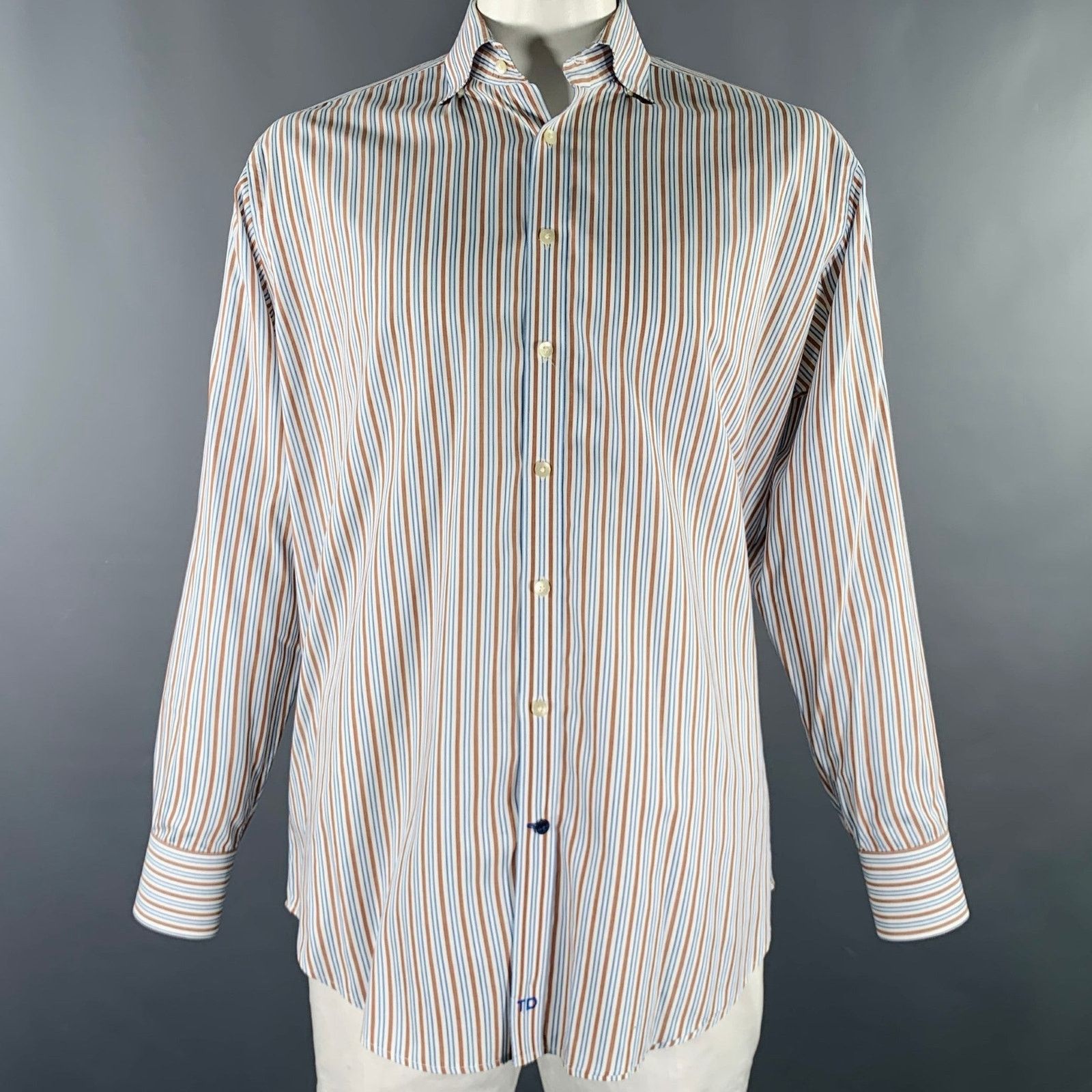 Thomas Dean White Blue Brown Stripe Cotton Oversized Long Sleeve Shirt Size US L / EU 52-54 / 3 - 1 Thumbnail