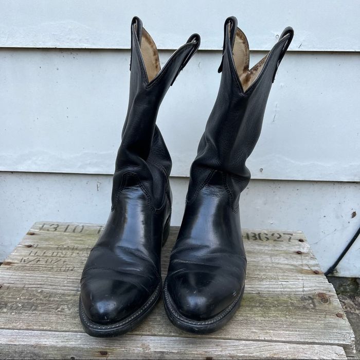 Vintage Double H 12" Work Western Smooth Black Leather Uniform Boot