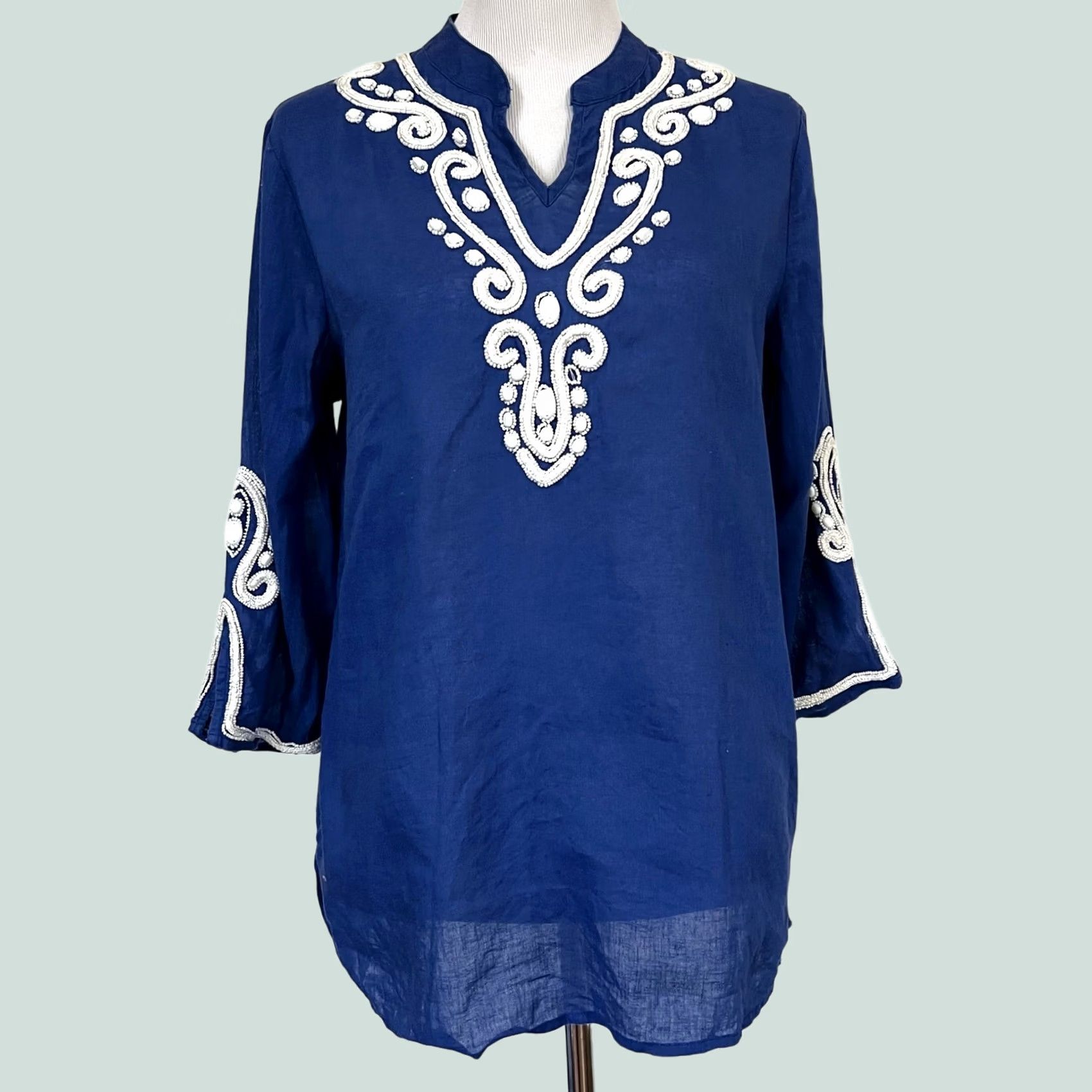 Vintage Chico's Beaded Tunic Top Linen Blend Blouse Long Sleeve Blue Women's Sz M Medium Mens? Size M / US 6-8 / IT 42-44 - 1 Thumbnail
