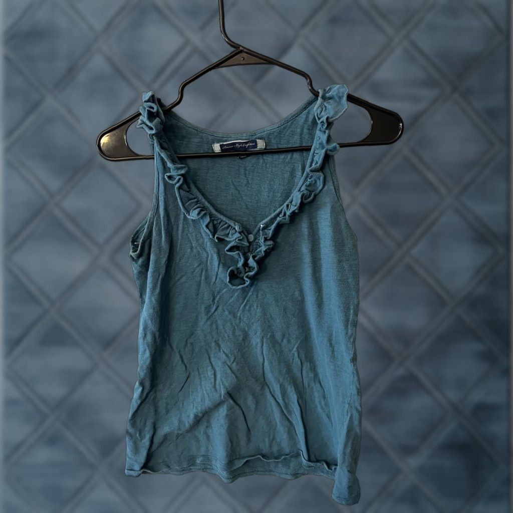 American Eagle Outfitters American Eagle Outfitters Tunic Tank Top Ruffle V-Neck Sleeveless Teal Retro Size S Boho Beach Bohemian Fairy Casual Travel Size S / US 4 / IT 40 - 1 Thumbnail