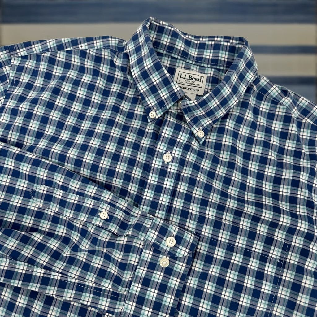 Vintage LL Bean Mens Large Blue Plaid Cotton Shirt Button-Down Long Sleeve Slim Fit Casual Rugged Navy ChecK Size US L / EU 52-54 / 3 - 1 Thumbnail